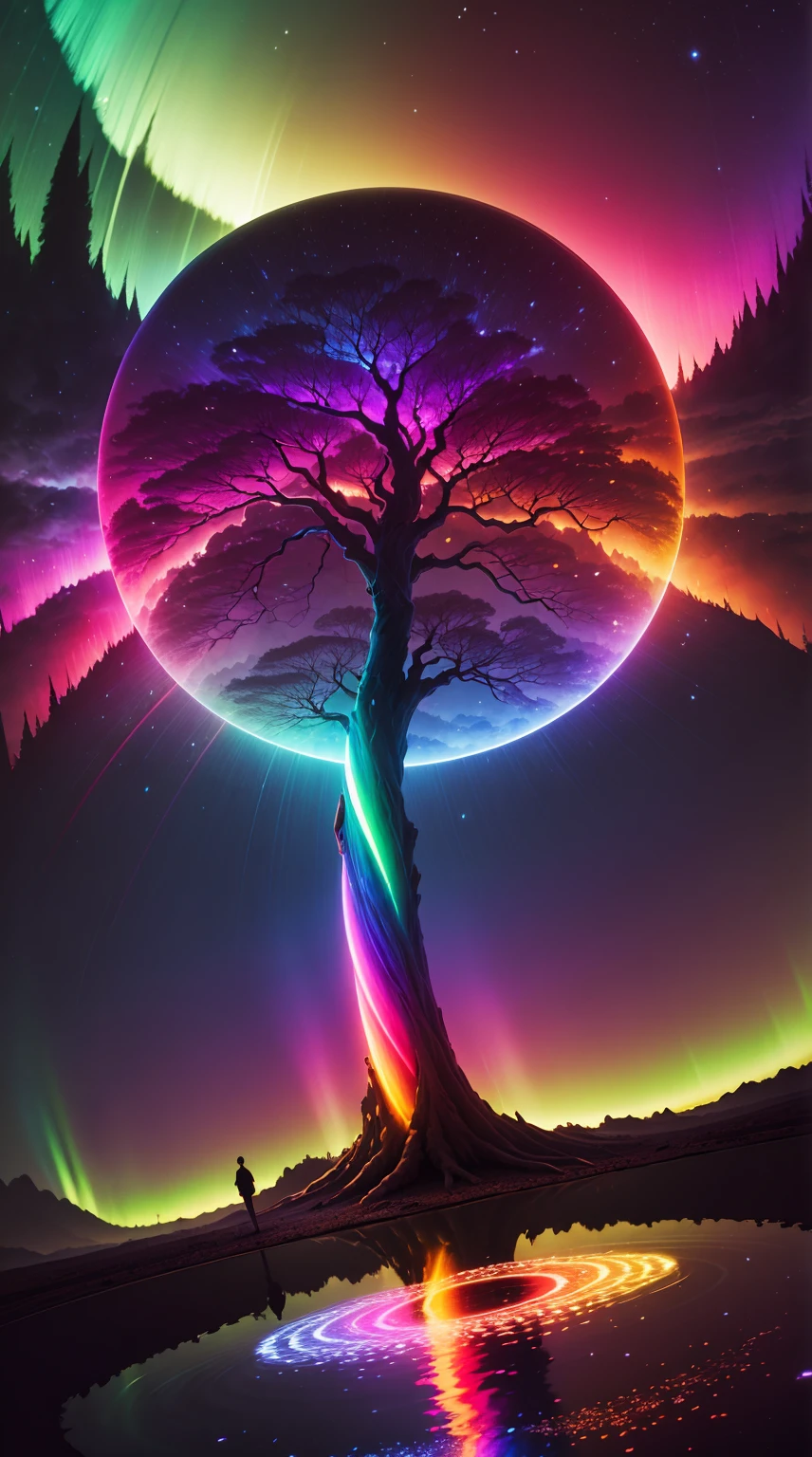 a rainbow colored tree in the middle of a circle with a bright light, colorful aura, cosmic tree of life, cosmic tree, ethereal rainbows, mystical colors, beautiful spectrum of vibrancy, rainbow aurora, magical tree, cosmic and colorful, magical colors and atmosphere, rainbow reflection, magical colours and atmosphere, magic world. colorful, rainbow lighting, colorful picture, colorful glow