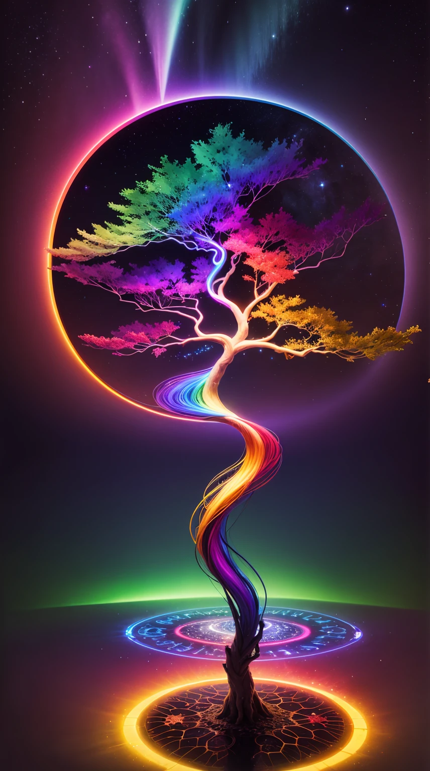 a rainbow colored tree in the middle of a circle with a bright light, colorful aura, cosmic tree of life, cosmic tree, ethereal rainbows, mystical colors, beautiful spectrum of vibrancy, rainbow aurora, magical tree, cosmic and colorful, magical colors and atmosphere, rainbow reflection, magical colours and atmosphere, magic world. colorful, rainbow lighting, colorful picture, colorful glow