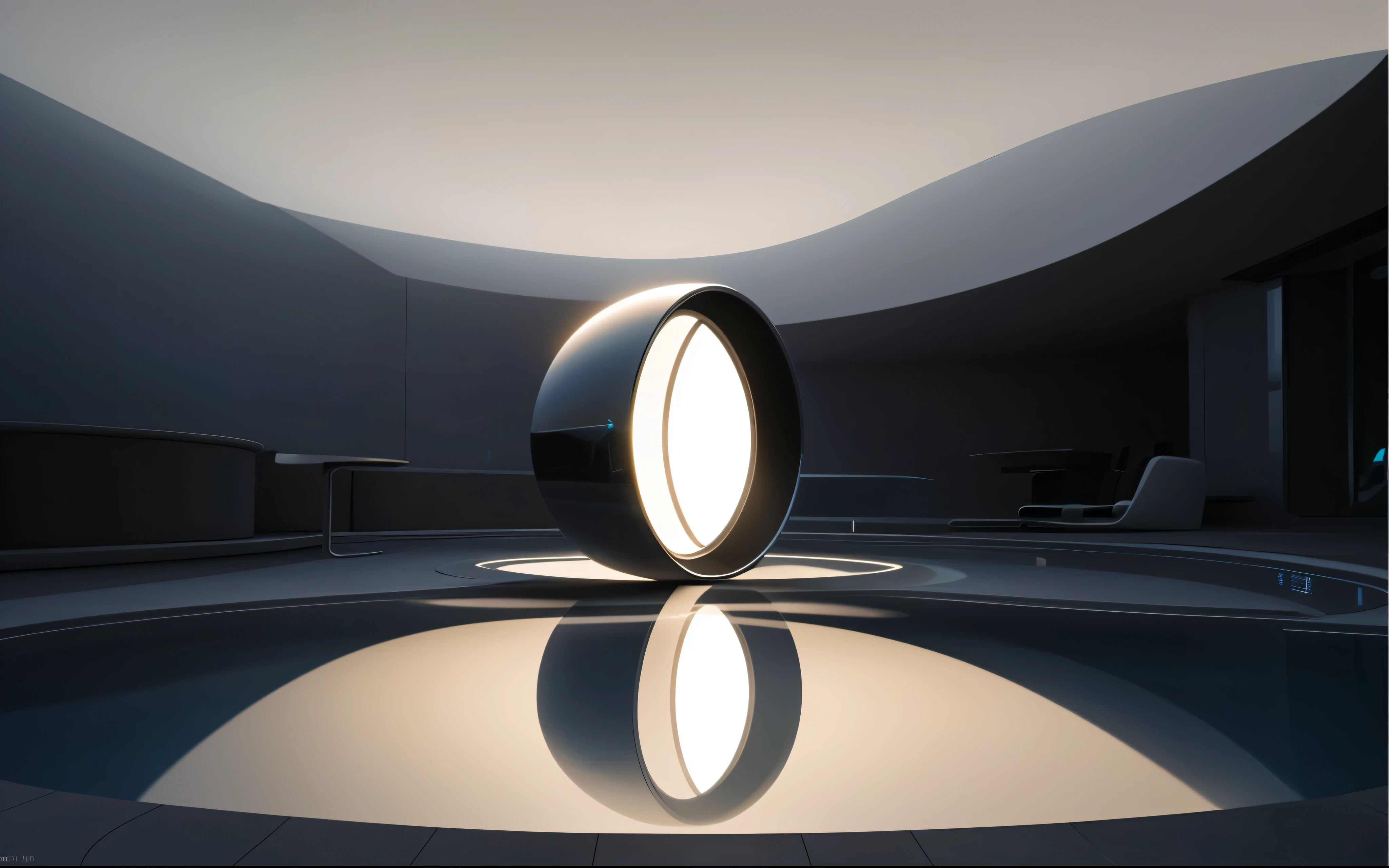 There is a semicircular object in the middle,light reflection in pool, futuristic lighting, 3D rendering with uniform illumination, Render in key shot, The future of volumetric lighting, Depicted as a 3D rendering, daily render, futuristic theater lighting, super Rendered in Octane Render, Rendered in Octane Render, futuristic product design, Well-lit 3D rendering, 3d rendering bee