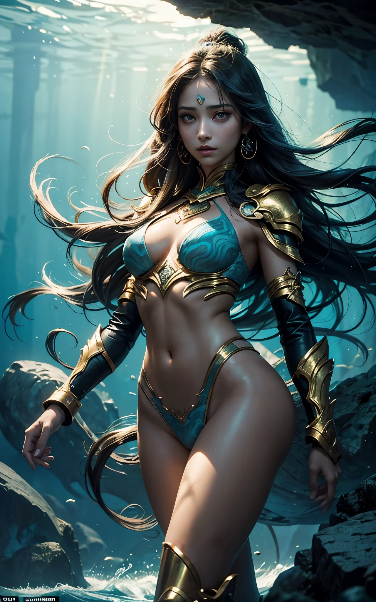 (Emily Rudd:Alicia Vikander) A close up of an supernaturally beautiful and enchanting Atlantean Barbarian War Goddess with a legendary magical spear and angrily shouting in fury. She is skinny dipping in shallow waves in a dark underground sea cave lit only with oceanic bioluminescence that washes over her perfect, irresistible body. Glowing magical golden minimalistic anime-style female battle armor. Her tan skin shimmers with scales. She is athletic, slender, fit, toned, lean, and very muscular with a thin waist and slim hips. She has deeply tanned skin and flowing, lustrous hair. Her large, vibrant, glowing turquoise Asian eyes lock intensely onto the viewer with a predatory, otherworldly allure. She has intricate aquatic-inspired tattoos across her body. Her face has painted designs. Swirling deep shadows.