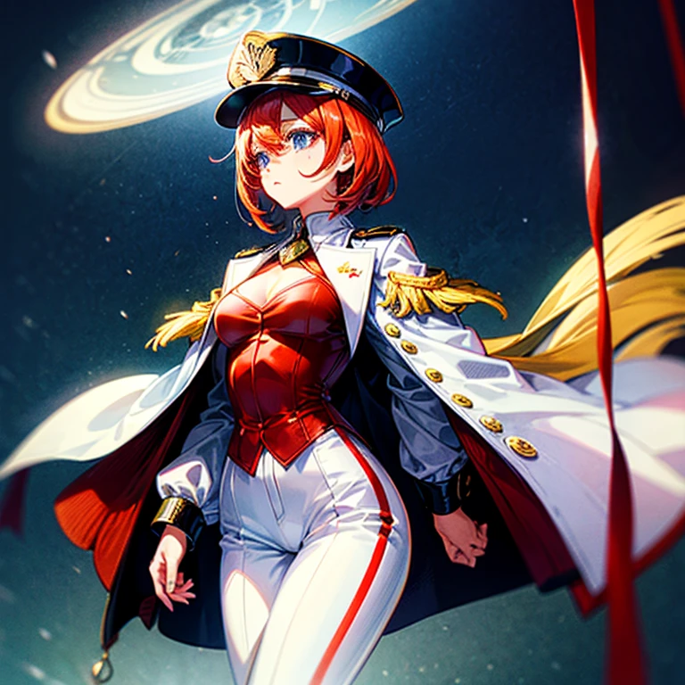 （（（​masterpiece）））、（（（top-quality）））、（（highly detailed unity 8ｋwall-paper））、（Illustration of one woman）、30-years old、（Viceroy）、（（Red-haired shorthair））、（Thin hair hanging down both sides of the face）、Blue eyes、（（Tall））、（（Muscle Woman、stocky build、muscular legs、broad shoulders、solid chest））、（（Military uniforms））、（（Military Cap））、（（Military coat））、（white  clothes）、（White pants）、（White cap）、trench coat、（（Inside the spaceship））