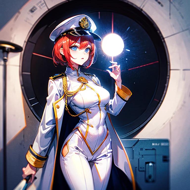 (((masterpiece)))、(((top-quality)))、((highly detailed unity 8kwall-paper))、(Illustration of one woman)、30-years old、(Viceroy)、((Red-haired shorthair))、(Thin hair hanging down both sides of the face)、Blue eyes、((Tall))、((Muscle Woman、stocky build、muscular legs、broad shoulders、solid chest))、((Military uniforms))、((Military Cap))、((Military coat))、(white clothes)、(White pants)、(White cap)、trench coat、((Inside the spaceship))