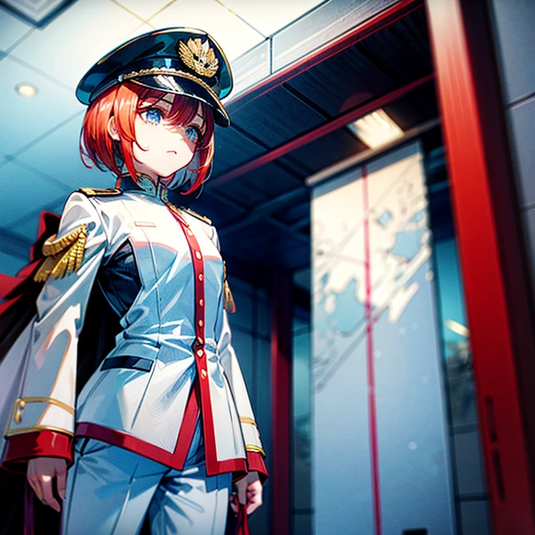 (((masterpiece)))、(((top-quality)))、((highly detailed unity 8kwall-paper))、(Illustration of one woman)、30-years old、(Viceroy)、((Red-haired shorthair))、(Thin hair hanging down both sides of the face)、Blue eyes、((Tall))、((Muscle Woman、stocky build、muscular legs、broad shoulders、solid chest))、((Military uniforms))、((Military Cap))、((Military coat))、(white clothes)、(White pants)、(White cap)、trench coat、((Inside the spaceship))