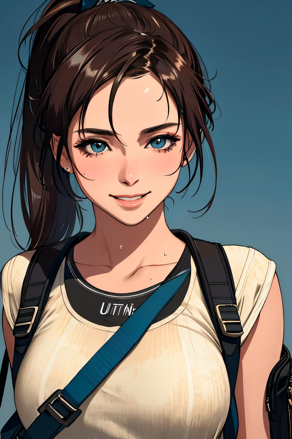 fashion style, masterpiece, best quality, 8k, artstation, sharp focus, (ultrarealistic:1.5), (high details:1.4), raw photo of a young woman, street smiling, backpack, ponytails, faded, complex stuff around, intricate background, soaking wet, (Cinematic:1.4),