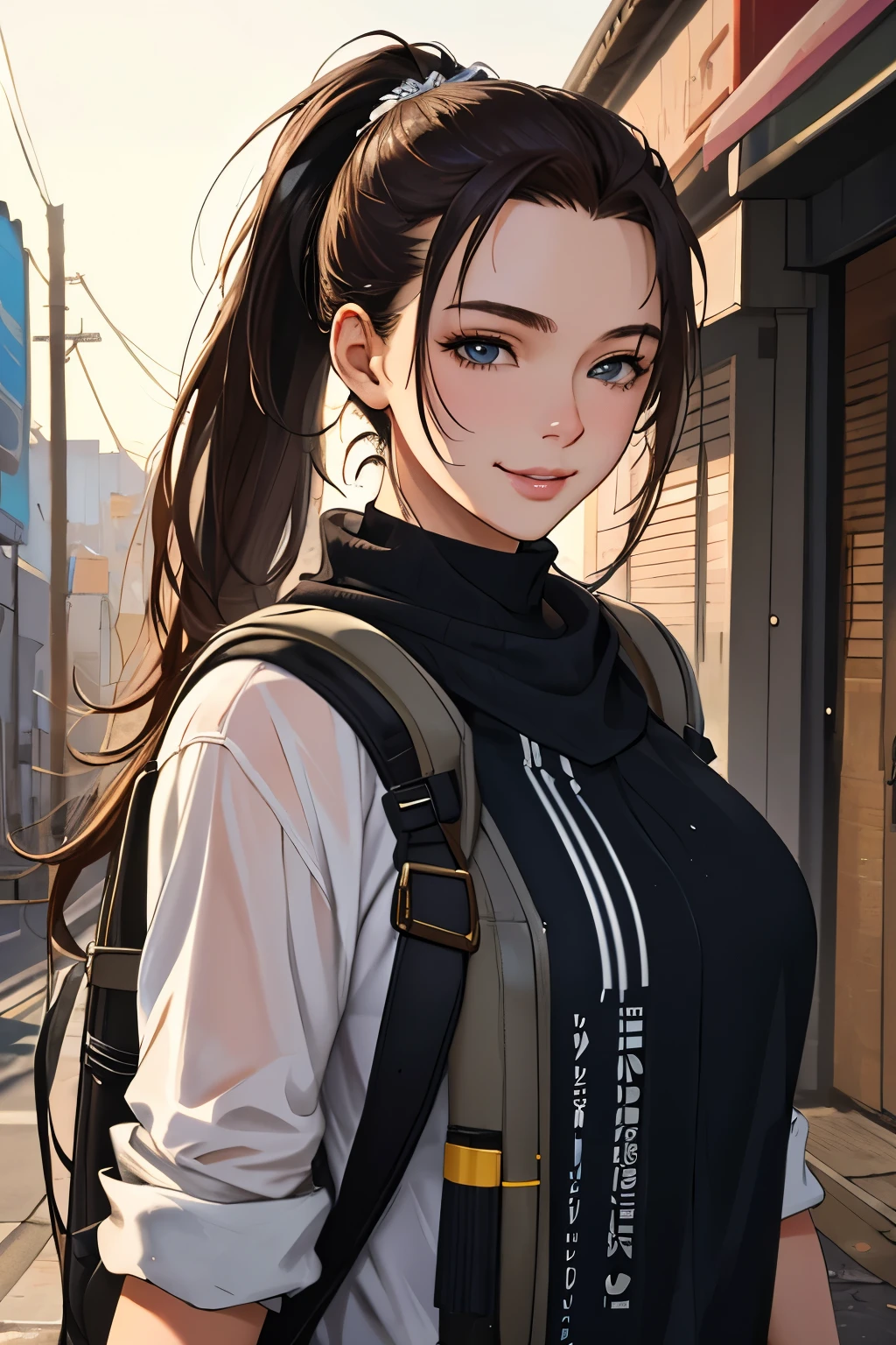 fashion style, masterpiece, best quality, 8k, artstation, sharp focus, (ultrarealistic:1.5), (high details:1.4), raw photo of a young woman, street smiling, backpack, ponytails, faded, complex stuff around, intricate background, soaking wet, (Cinematic:1.4),