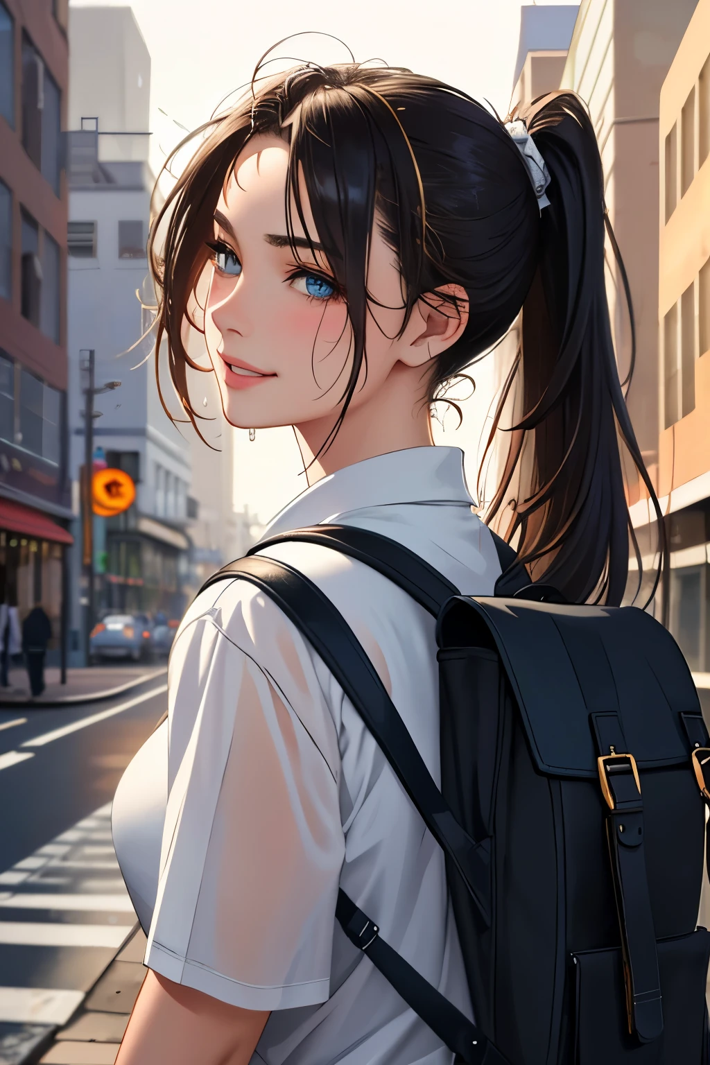 fashion style, masterpiece, best quality, 8k, artstation, sharp focus, (ultrarealistic:1.5), (high details:1.4), raw photo of a young woman, street smiling, backpack, ponytails, faded, complex stuff around, intricate background, soaking wet, (Cinematic:1.4),