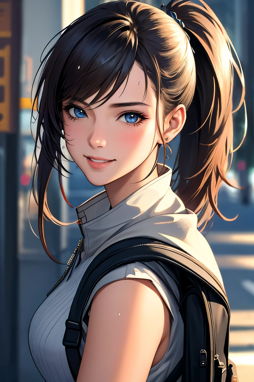 fashion style, masterpiece, best quality, 8k, artstation, sharp focus, (ultrarealistic:1.5), (high details:1.4), raw photo of a young woman, street smiling, backpack, ponytails, faded, complex stuff around, intricate background, soaking wet, (Cinematic:1.4),