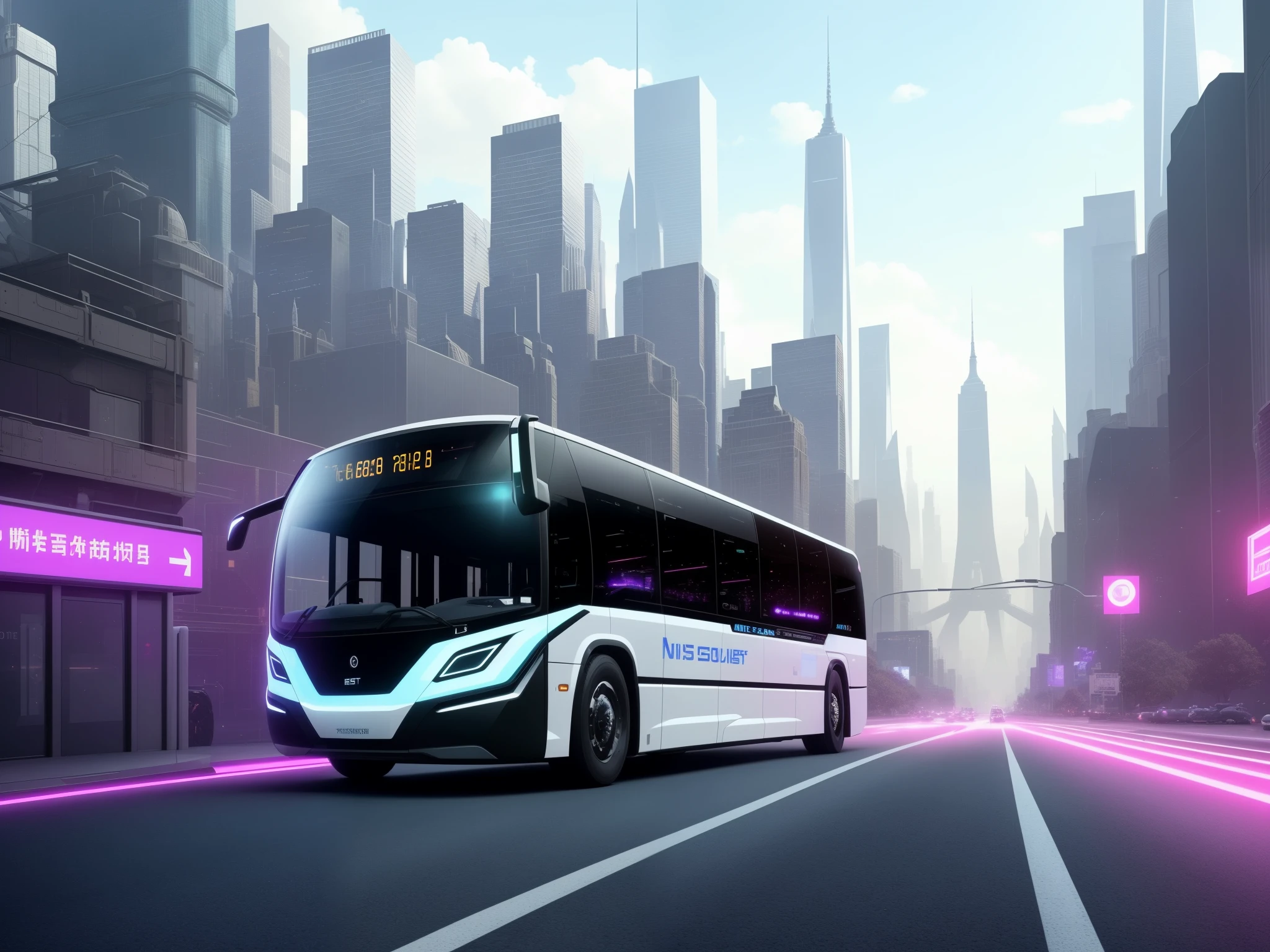 Close-up of a bus, The cities of the future, in 2 0 5 5, Highly realistic concept art, Very futuristic, transportation design render, Vehicle design trends, author:Gabriel Bar, new york city in the year 2100, hyper realisitc, hyper realisitc, hyper realisitc概念艺术, Majestic and futuristic