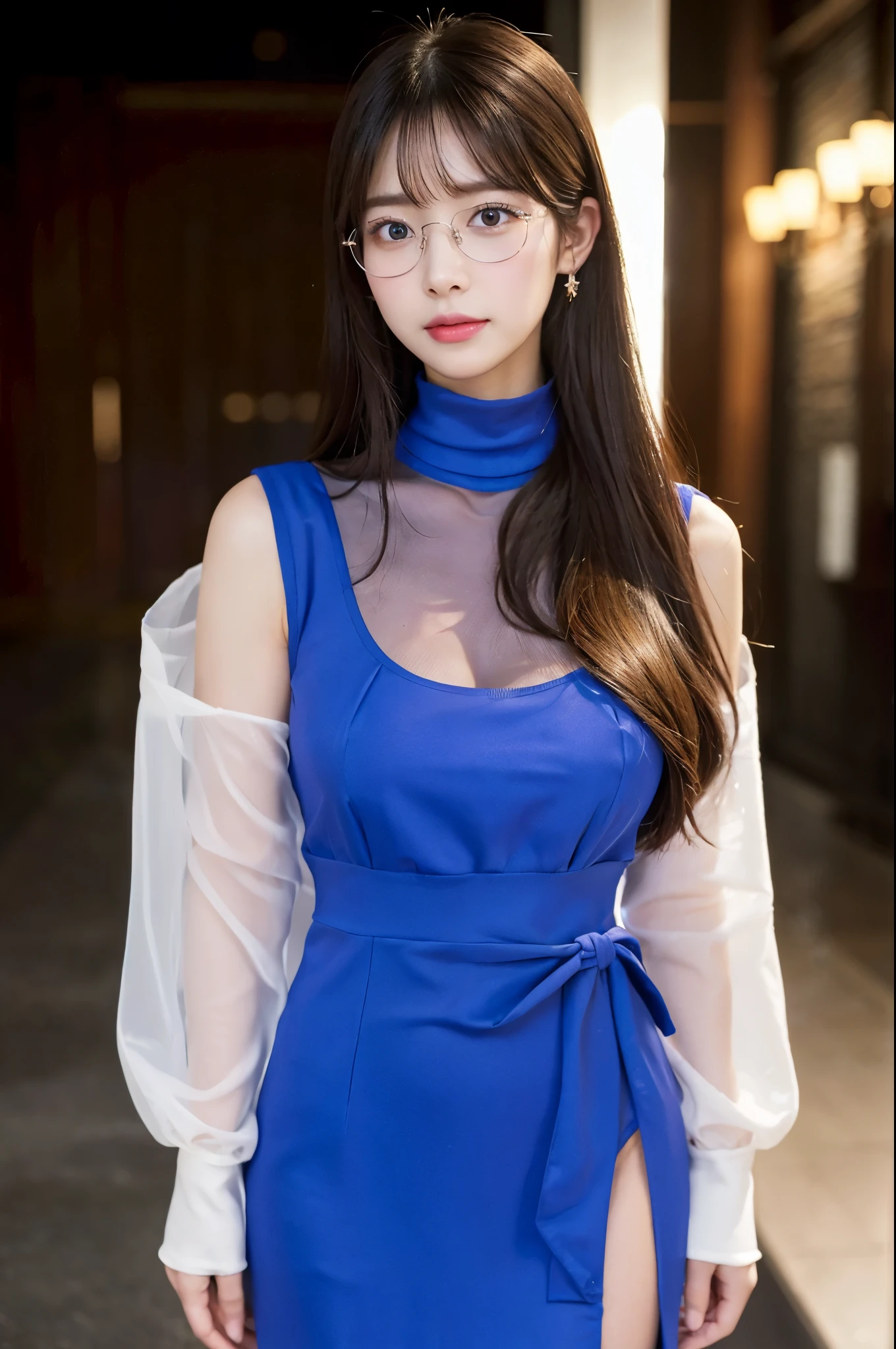ulzzang -6500-v1.1, (Raw photo:1.2), (Photorealsitic), (See-through:1.3), (Real:1.4), ((FULL BODYSHOT:1.6))、１Girl in glasses、22year old、game_nffsw,  Round glasses(eye detailed), Smile of shame、(royal blue high neck long slit dress:1.3),  (Ultra-realistic pantyhose:1.2),   (high-heels:1.2), Turn around at the party venue、huge filesize, hight resolution, ighly detailed, top-quality, [​masterpiece:1.6], illustratio, ighly detailed, nffsw, finely detail, top-quality, 8k wallpaper, Cinematographic lighting, cute droopy eyes beautiful big eyes、Pieckfinger, ((masutepiece)), Best Quality, 1girl in, eye shadow, realistic skin textures、shinny skin、Exposed thighs!!! , make - up、