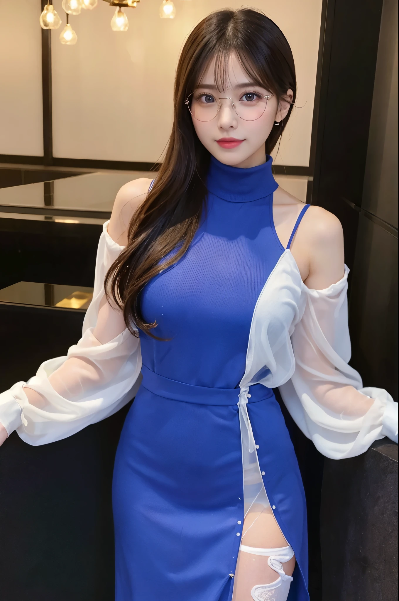 ulzzang -6500-v1.1, (Raw photo:1.2), (Photorealsitic), (See-through:1.3), (Real:1.4), ((FULL BODYSHOT:1.6))、１Girl in glasses、22year old、game_nffsw,  Round glasses(eye detailed), Smile of shame、(royal blue high neck long slit dress:1.3),  (Ultra-realistic pantyhose:1.2),   (high-heels:1.2), Turn around at the party venue、huge filesize, hight resolution, ighly detailed, top-quality, [​masterpiece:1.6], illustratio, ighly detailed, nffsw, finely detail, top-quality, 8k wallpaper, Cinematographic lighting, cute droopy eyes beautiful big eyes、Pieckfinger, ((masutepiece)), Best Quality, 1girl in, eye shadow, realistic skin textures、shinny skin、Exposed thighs!!! , make - up、