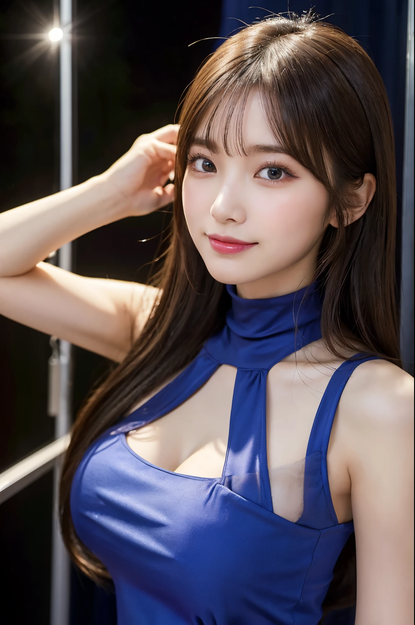 ulzzang -6500-v1.1, (Raw photo:1.2), (Photorealsitic), (See-through:1.3), (Real:1.4), ((FULL BODYSHOT:1.6))、１Girl in glasses、22year old、game_nffsw,  Round glasses(eye detailed),  (Very affectionate smile:1.2)、(royal blue high neck long slit dress:1.3),  (Ultra-realistic pantyhose:1.2),   (high-heels:1.2), Turn around at the party venue、huge filesize, hight resolution, ighly detailed, top-quality, [​masterpiece:1.6], illustratio, ighly detailed, nffsw, finely detail, top-quality, 8k wallpaper, Cinematographic lighting, cute droopy eyes beautiful big eyes、Pieckfinger, ((masutepiece)), Best Quality, 1girl in, eye shadow, realistic skin textures、shinny skin、Exposed thighs!!! , make - up、