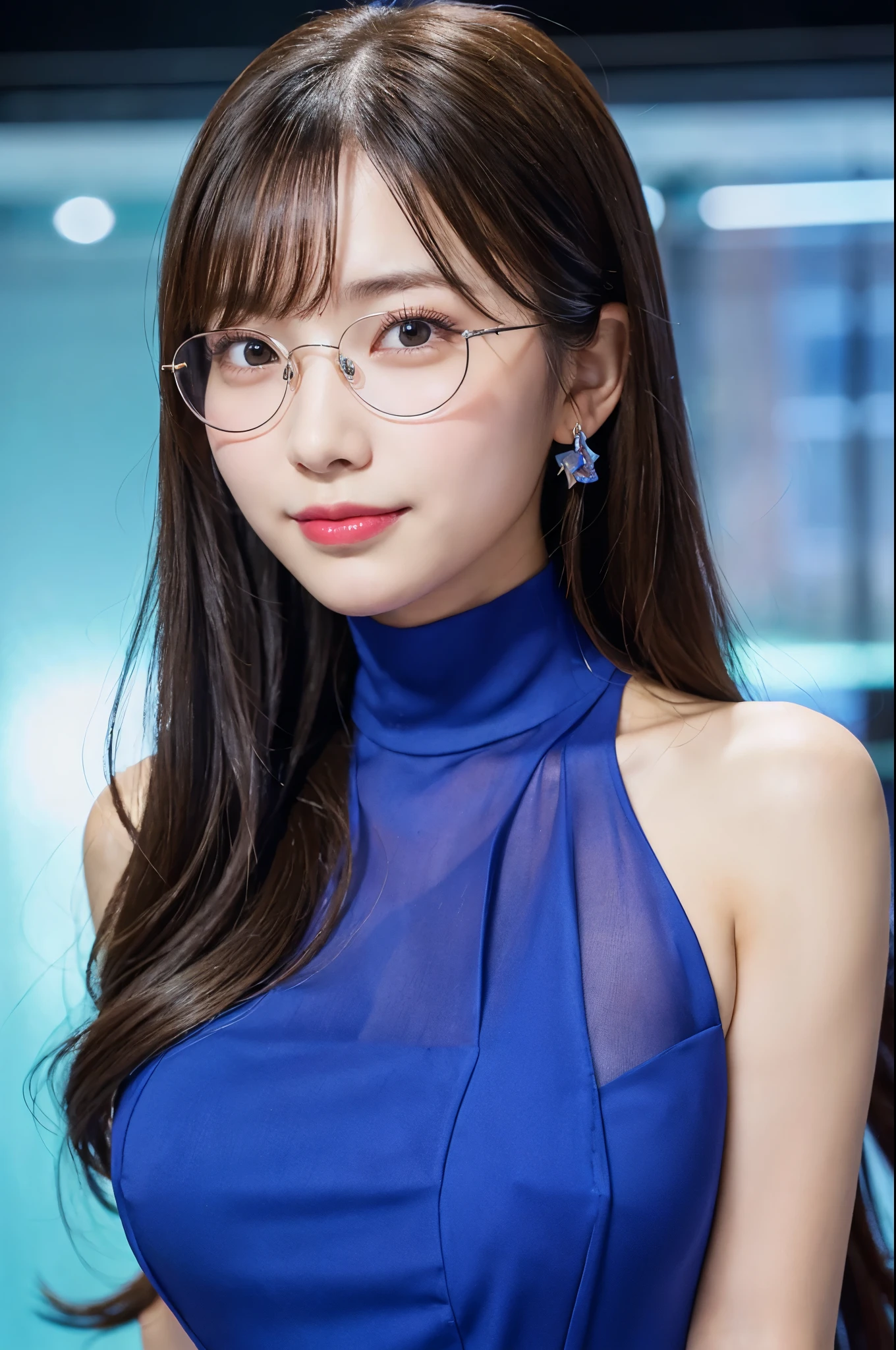ulzzang -6500-v1.1, (Raw photo:1.2), (Photorealsitic), (See-through:1.3), (Real:1.4), ((FULL BODYSHOT:1.6))、１Girl in glasses、22year old、game_nffsw,  Round glasses(eye detailed),  (Very affectionate smile:1.2)、(royal blue high neck long slit dress:1.3),  (Ultra-realistic pantyhose:1.2),   (high-heels:1.2), Turn around at the party venue、huge filesize, hight resolution, ighly detailed, top-quality, [​masterpiece:1.6], illustratio, ighly detailed, nffsw, finely detail, top-quality, 8k wallpaper, Cinematographic lighting, cute droopy eyes beautiful big eyes、Pieckfinger, ((masutepiece)), Best Quality, 1girl in, eye shadow, realistic skin textures、shinny skin、Exposed thighs!!! , make - up、