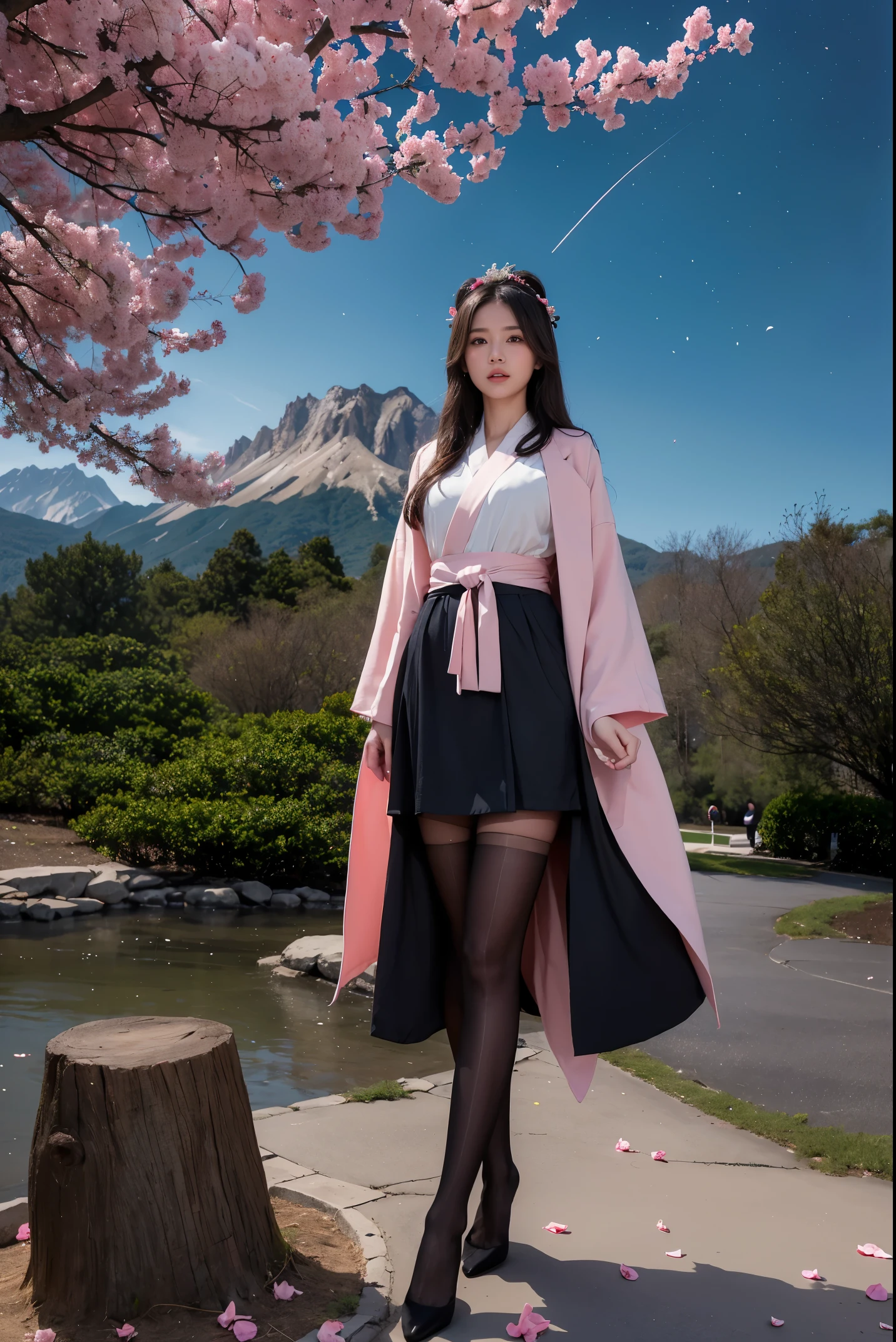 (Best quality at best, tmasterpiece),(1个Giant Breast Girl, shrine maiden, Manteau, expression face, 黑The eye, Look ahead ,brunette color hair, foot on foot, The upper part of the body), (wandering sky at night, Huge old tree behind it, Glowing pink petals falling behind you, The shrine in the back, mountain background, blows wind, meteor cloud),black lence stockings