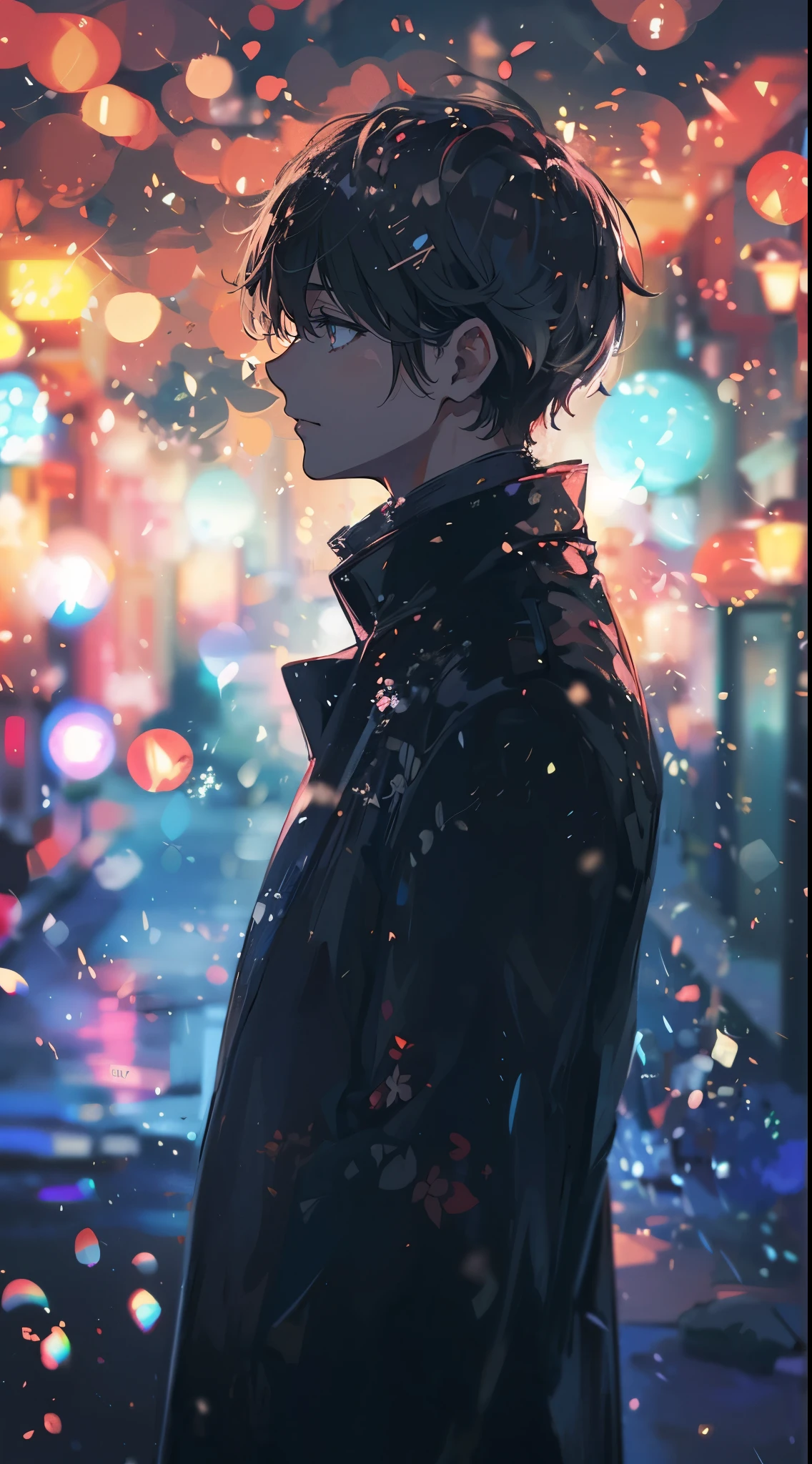 (((Japanese anime))),high quality, amount of drawing, pixiv illustration, An attractive young European man standing under dazzling illuminations on a winter night. He is wearing an elegant black coat, with the lights of the illuminations reflecting in his eyes. In the background, there’s a fantastical landscape woven with colorful lights. The scene has a mysterious and romantic atmospher