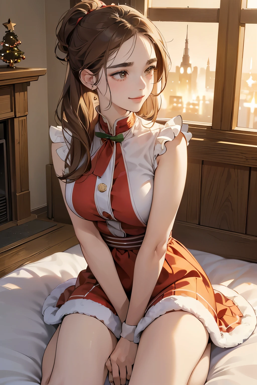 (masutepiece, Digital Art, Digital Illustration, 4K, 8K, Ultra-detailed, beautiful image, Sharp Image, Photorealistic, Raw photo, Perfect face, Perfect lines, Perfect eyes, Soft lighting) 1 woman, (lightbrown hair,Chignon hair in a high position,Innocent look,Lowered eyebrows,drooping eyebrows,drooing eyes,cute large eyes,natural make up,kindly smile,Round jaws,23 y-o woman:1.3),スーツ姿のハンサムなember性2人, (ember,ember性はスーツ姿,well-muscled,Firm shoulder width, emberの,Boyish hairstyle,English gentlemanly style,クールな表情の30代ember性,明るい笑顔の28歳ember性:1.2),(Nervous,be shy,sleepy,embarrassed from:1.2),innocent smiles,(embarrassed from,Shy smile:1.1),in front of a warm fireplace、Christmas、Christmasケーキ、Birthday Celebration、the kiss、a couple、a couplethe kiss、Romance、the kiss、Santa Cosplay、Christmasツリー、candles、bring a present、miniskirt santa costume、Boobs Porori、Fluffy costumes、