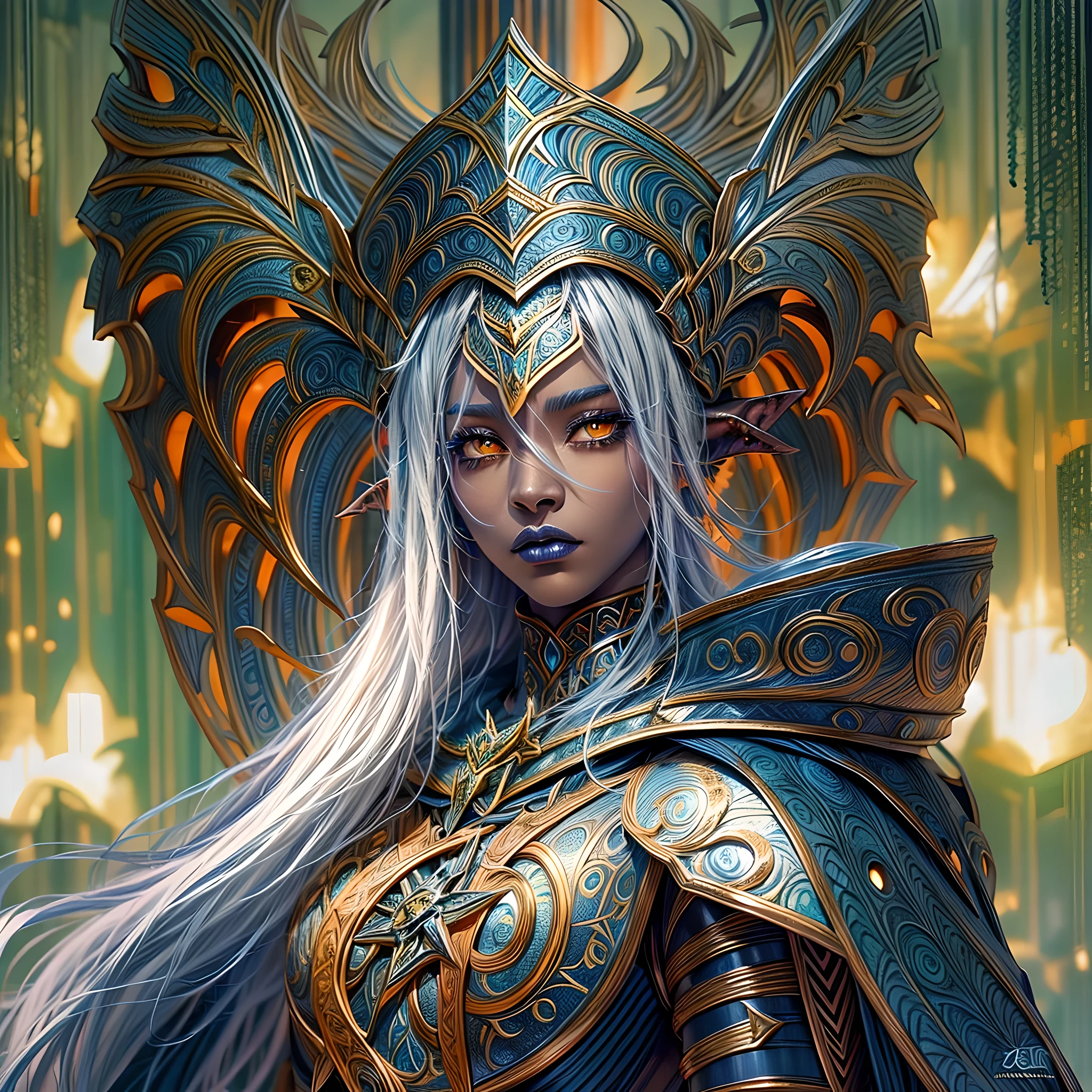 fantasy art, dnd art, RPG art, wide shot, (masterpiece: 1.4) portrait, intense details, highly detailed, photorealistic, best quality, highres, portrait a vedalken female (fantasy art, Masterpiece, best quality: 1.3) ((dark blue skin: 1.5)), intense details facial details, exquisite beauty, (fantasy art, Masterpiece, best quality) cleric, (blue colored skin: 1.5) 1person blue_skin, blue skinned female, (white hair: 1.3), long hair, intense green eye, (fantasy art, Masterpiece, best quality) ((no ears: 1.6)), armed a fiery sword red fire, wearing heavy (white: 1.3) half plate mail armor CM-Beautiful_armor wearing high heeled laced boots, wearing an(orange :1.3) cloak, wearing glowing holy symbol GlowingRunes_yellow, within fantasy temple background, reflection light, high details, best quality, 16k, [ultra detailed], masterpiece, best quality, (extremely detailed), close up, ultra wide shot, photorealistic, RAW, fantasy art, dnd art, fantasy art, realistic art,