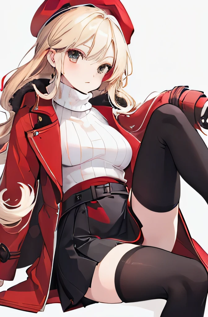 ung and gorgeous girl, Parisian woman,Blonde ball-shaped hair,Long, wavy hair,((beret scott red)),beret scott red,(((White Knit shirt Turtleneck))),((black (leather skirt))),((((((red)) long wide wrap overcoat)))),Black stockings,High-heeled ankle boots,Short shaft,Fall leaves,((holding coffee cup)),Autumn season,leather skirt,((black skirt)),((black stockings))