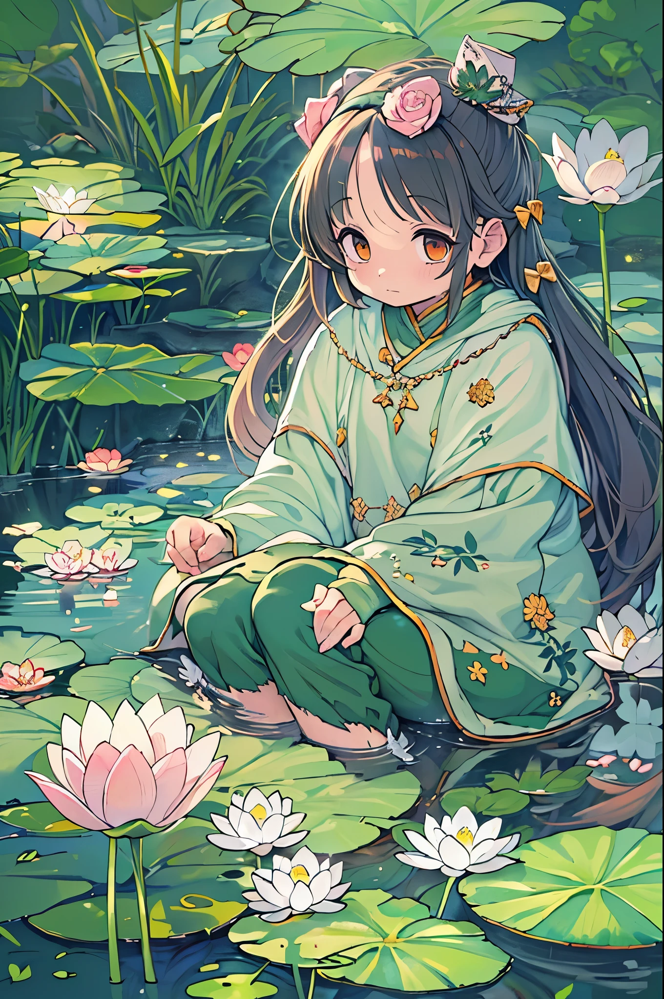 There is a girl sitting on a leaf, (Whiteware Resh color scheme, There are stuffed animals, Guvez style artwork, popular in CGSTATION, illustratio:Li Song, soft anime, Lying on a mat of water lilies, Sitting on a lotus flower, Cute and detailed digital art, Cute art style, In the pond, By Jan J, Cute digital art, Guvitz, Sitting by the pond