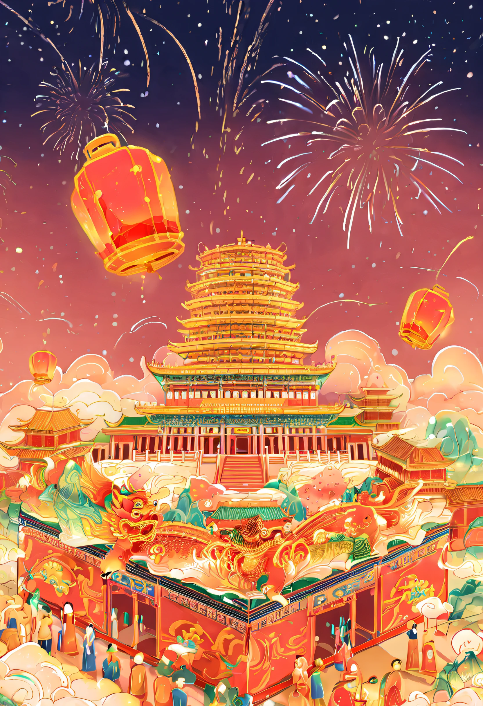 (Best quality at best :1.4), tmasterpiece, illustratio, google, colours, goldtrim, the night, Kongming Lantern, Red lanterns, Chinese architecture, fire works, vivaciousness, The streets are crowded (dongh_drak:1.1), Chinese New Year's Eve, drak and lion dance