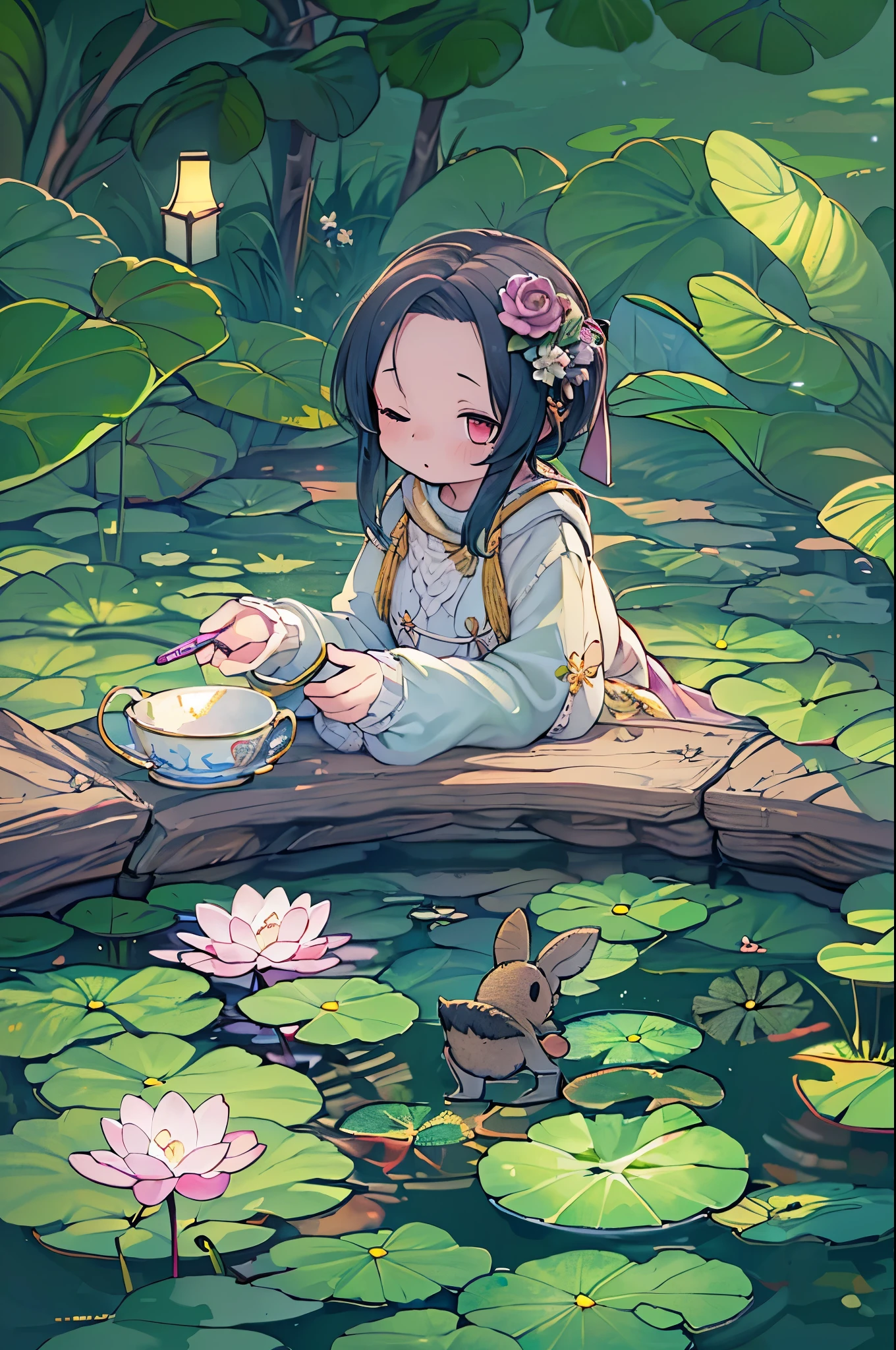 There is a girl sitting on a leaf, (Whiteware Resh color scheme, There are stuffed animals, Guvez style artwork, popular in CGSTATION, illustratio:Li Song, soft anime, Lying on a mat of water lilies, Sitting on a lotus flower, Cute and detailed digital art, Cute art style, In the pond, By Jan J, Cute digital art, Guvitz, Sitting by the pond