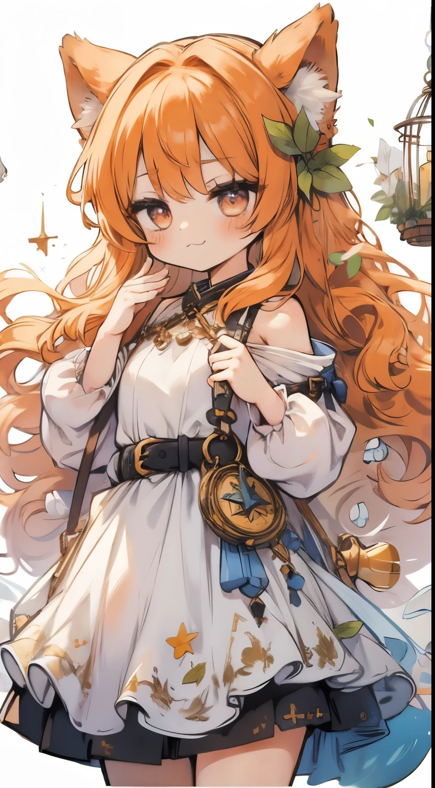 :3, girl, scar on eyes, animal ears, belt, straps, pretty, torso symbol, white background, solo, orange