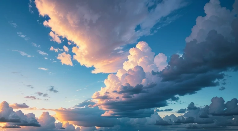 Cielo con muchas pero muchas nubes que este lleno el cielo de ellas y que las nubes sean grandes pero no muy largas es decir que se separen color azul y lila sin personas por en medio. Sunset