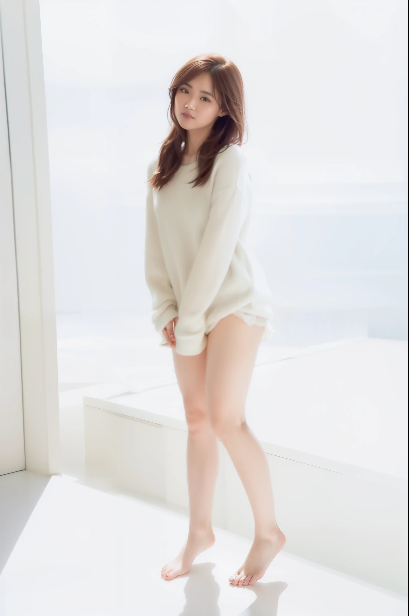 araffe asian woman in a white sweater and shorts standing in a room, pale fair skin!!, in white clothes, pale skin!, full body! pretty face, chiho, by Torii Kiyomoto, deayami kojima, ivory pale skin, ayami kojima amano, in white room, long thin legs, by Tadashi Nakayama