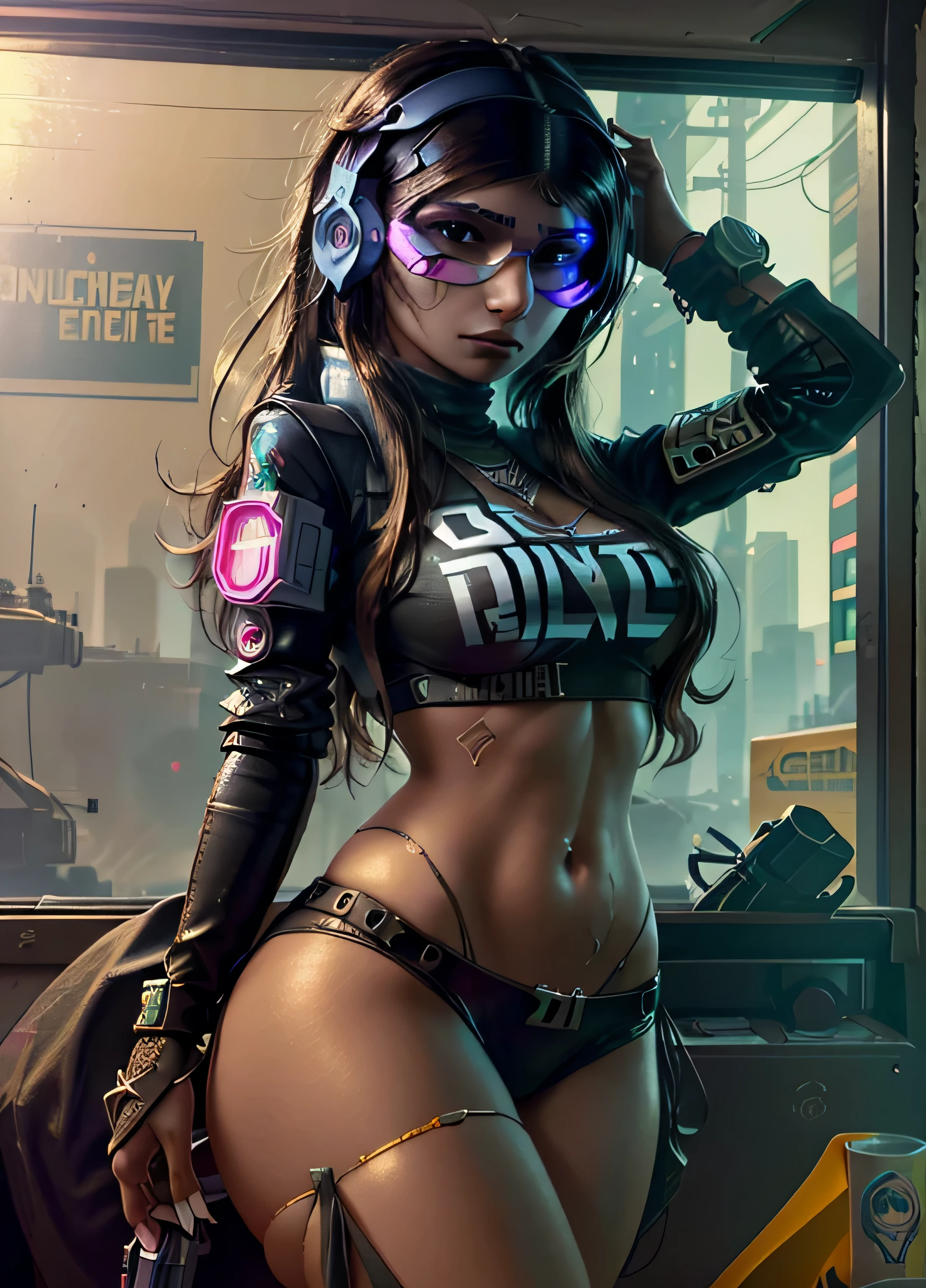 mia khalifa ,((Best quality)), ((masterpiece)), (highly detailed:1.3), 3D, beautiful cyberpunk woman,(wearing head-mounted display that is chunky and hi-tech:1.2), playing x box game, gta v, ready player one