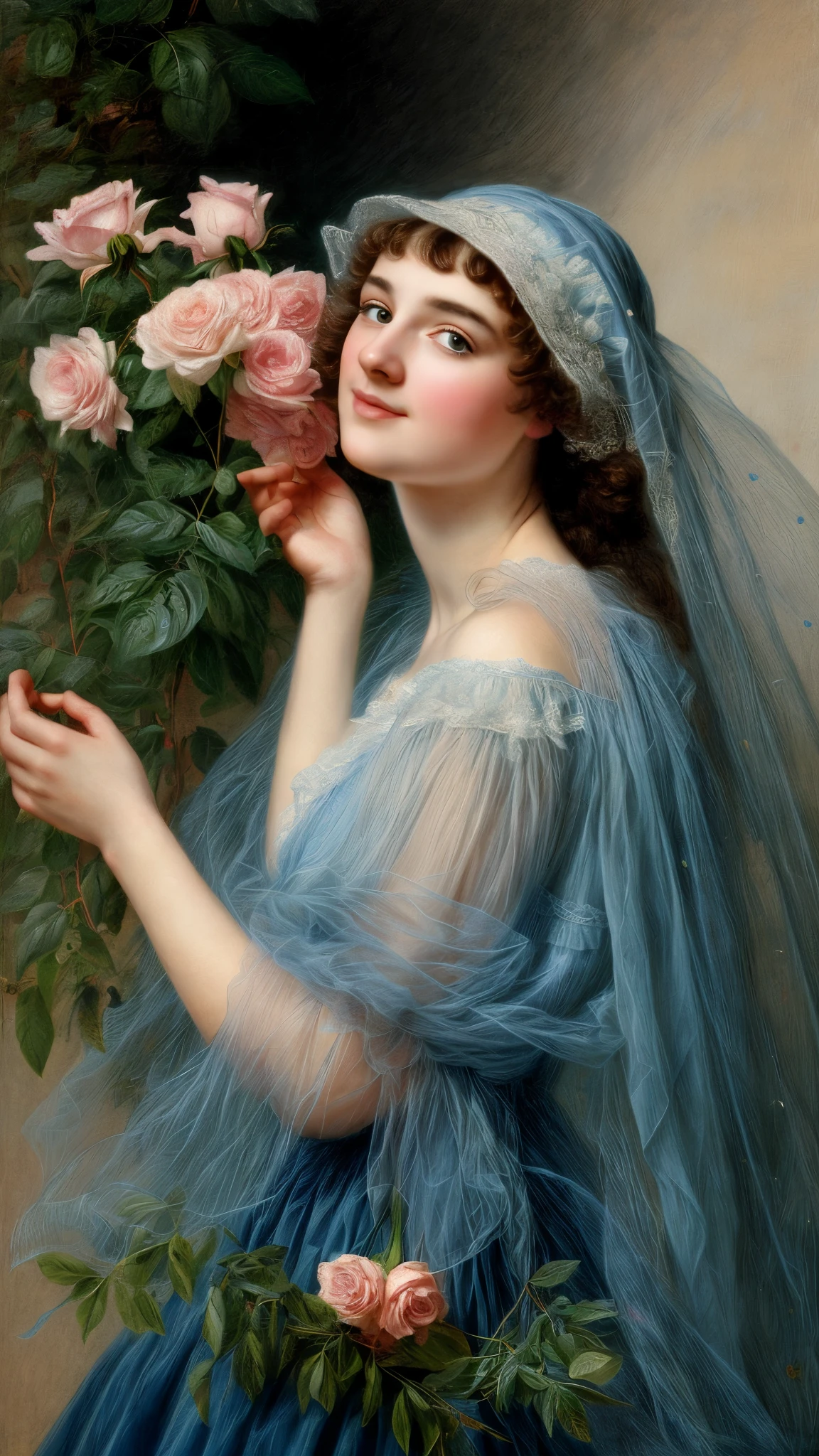 painting of a extremely gorgeous woman in a blue dress and a veil holding a rose, adelaide labille - guiard, inspired by Adélaïde Labille-Guiard, by Adélaïde Labille-Guiard, inspired by Élisabeth Vigée Le Brun, by Élisabeth Vigée Le Brun