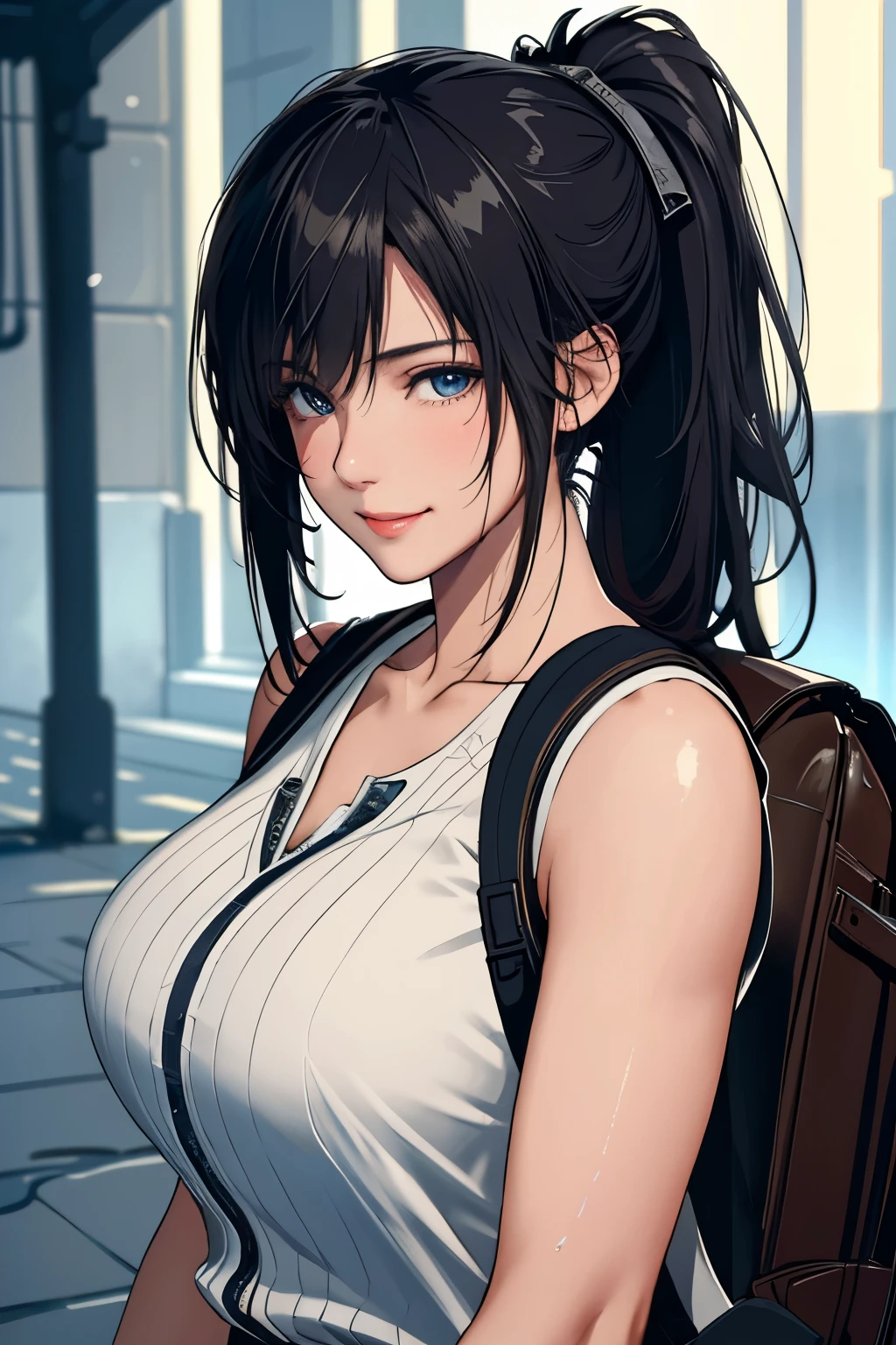 fashion style, masterpiece, best quality, 8k, artstation, sharp focus, (ultrarealistic:1.5), (high details:1.4), raw photo of a young woman, street smiling, backpack, ponytails, faded, complex stuff around, intricate background, soaking wet, (Cinematic:1.4),