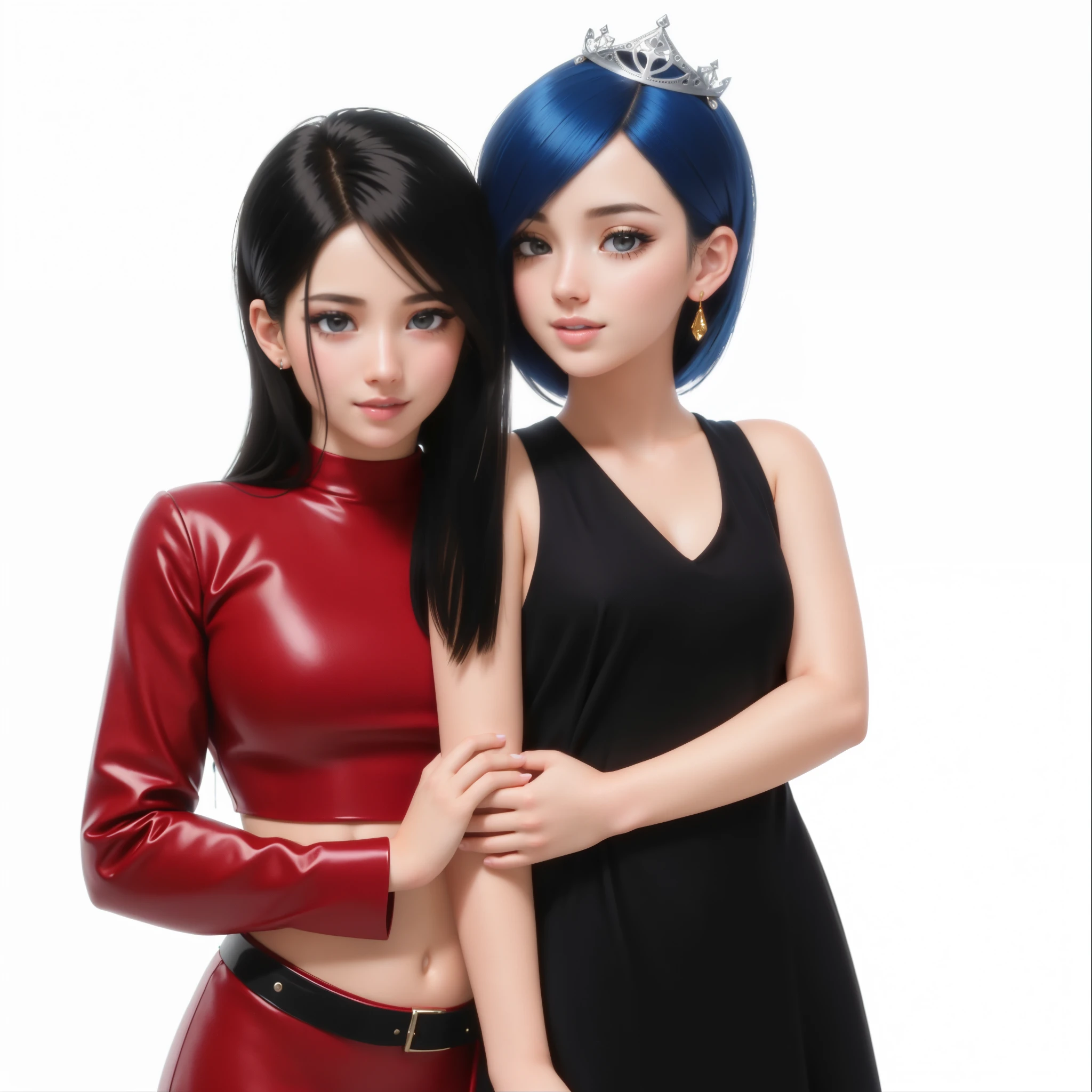 NSFW, { exposed teeth } , black dress in cloth, { looking at audience } , crown, sister, (Sharp Eyes: 1.1) , open mouth, { slim figure } , { soft light } , (side of body) , laugh, laugh, delicate, smooth animation style, 2 girleautiful } , a pair of sisters, { happy } , beautiful lips, eye details, details of the skin, beautiful lips, mouth, Pixiv, painting, high quality, 8K, elaborate, virtual engine 5, gorgeous, ultra-detailed, edge lighting, very detailed, detailed, good skin, best photo, textured face, (very detailed face: 1.4) , pale skin, (detailed skin texture: 1.2) , (Beautiful Eyes: 1.2) , 8K, (fidelity: 1.5) , telephoto lens, super clear