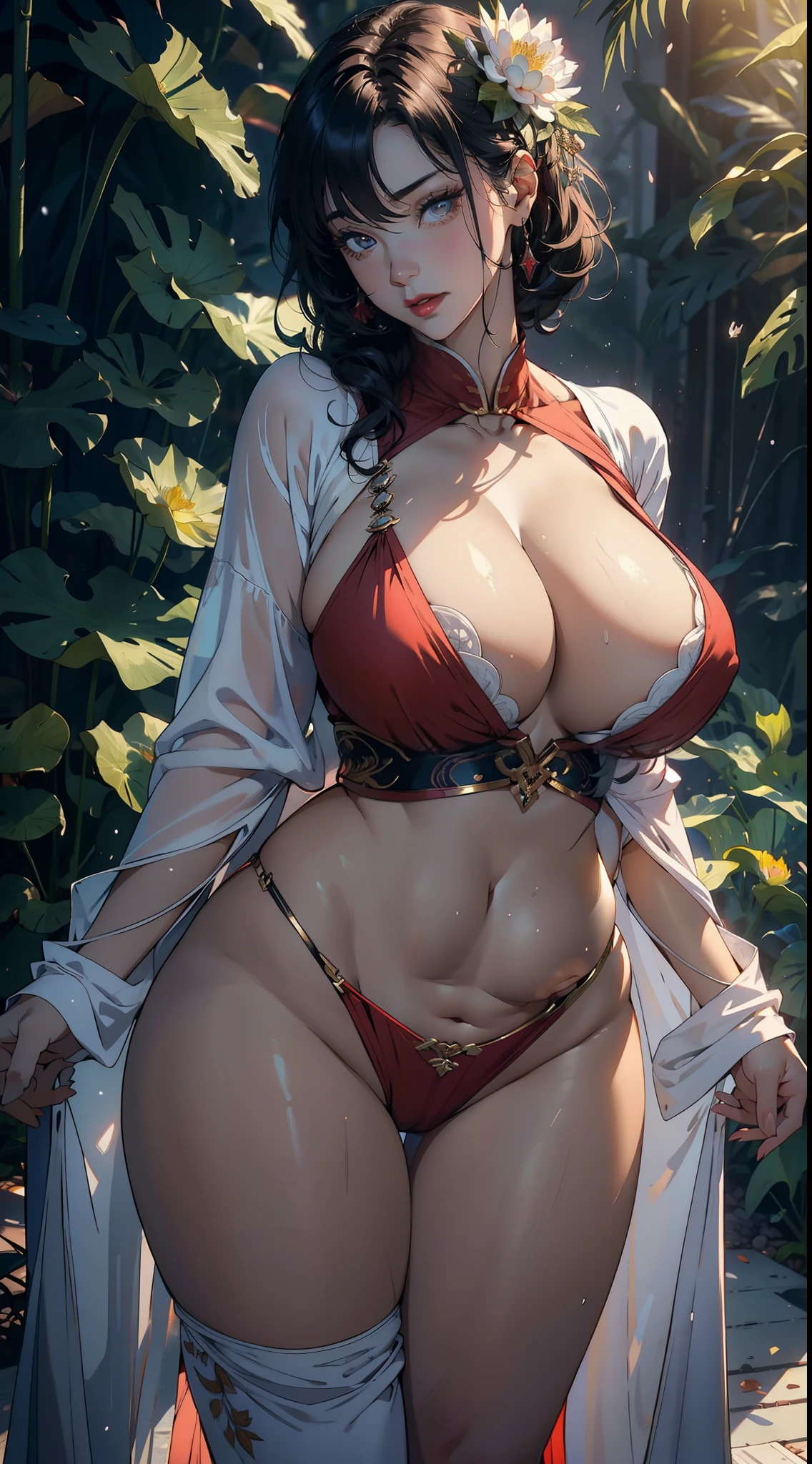 1female,45 yers old,A MILF,,mature,extremely large bosom,huge tit, A sagging breast,独奏,(Background with:hospitals,the rainforest,lotus flower,Sateen) She has short black hair,bobo head,,seen from the front, standing in forest, mostly cloudy sky,(((tmasterpiece),(Very detailed CG unity 8K wallpaper),best qualtiy,cinmatic lighting,detailed back ground,beatiful detailed eyeright pupillack eyes,Snow-whiteskin,Redlip(Very fine and beautiful),(Beautiful and detailed eye description),ultra - detailed,tmasterpiece,))facing at camera,A high resolution,ultra - detailed),extremely large bosom,A sagging breast,revealing breastare genitalia, Bulge,legs are open,Raised sexy,Camel toelushed complexion,Desire for dissatisfaction,frontage,(Wearing:,Hanfu,Superman uniform)