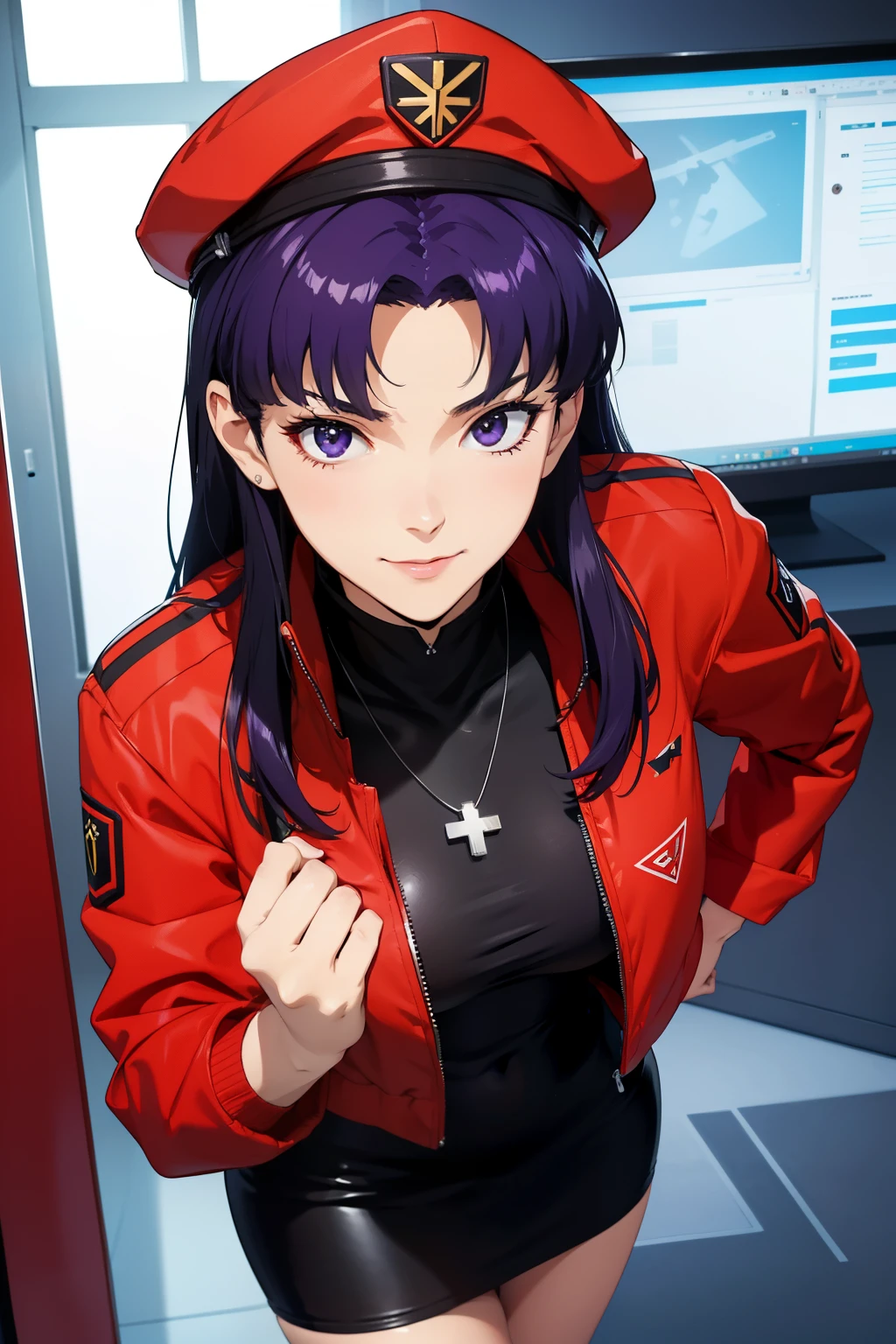 1womanl, attire: Black Bodycon,middlebreast、 short black tight dress, Black eyes, Purple hair, Medium Hair, a smile, cross necklace, tall, Slim body,  (nffsw), (((Misato katsuragi))),  NERV、Operation control room, (((Front view))), Looking at Viewer,  Perfectly detailed face, fully detailed hands and fingers, Masterpiece 1.1, Trending on ArtStation, pixiv quality, (((fine art:chin))), Intricately detailed, ultra graphics, SFW version, (((Mature 1.1))), attire: jacker, Red jacket, red bullet hat、Symmetrical face、