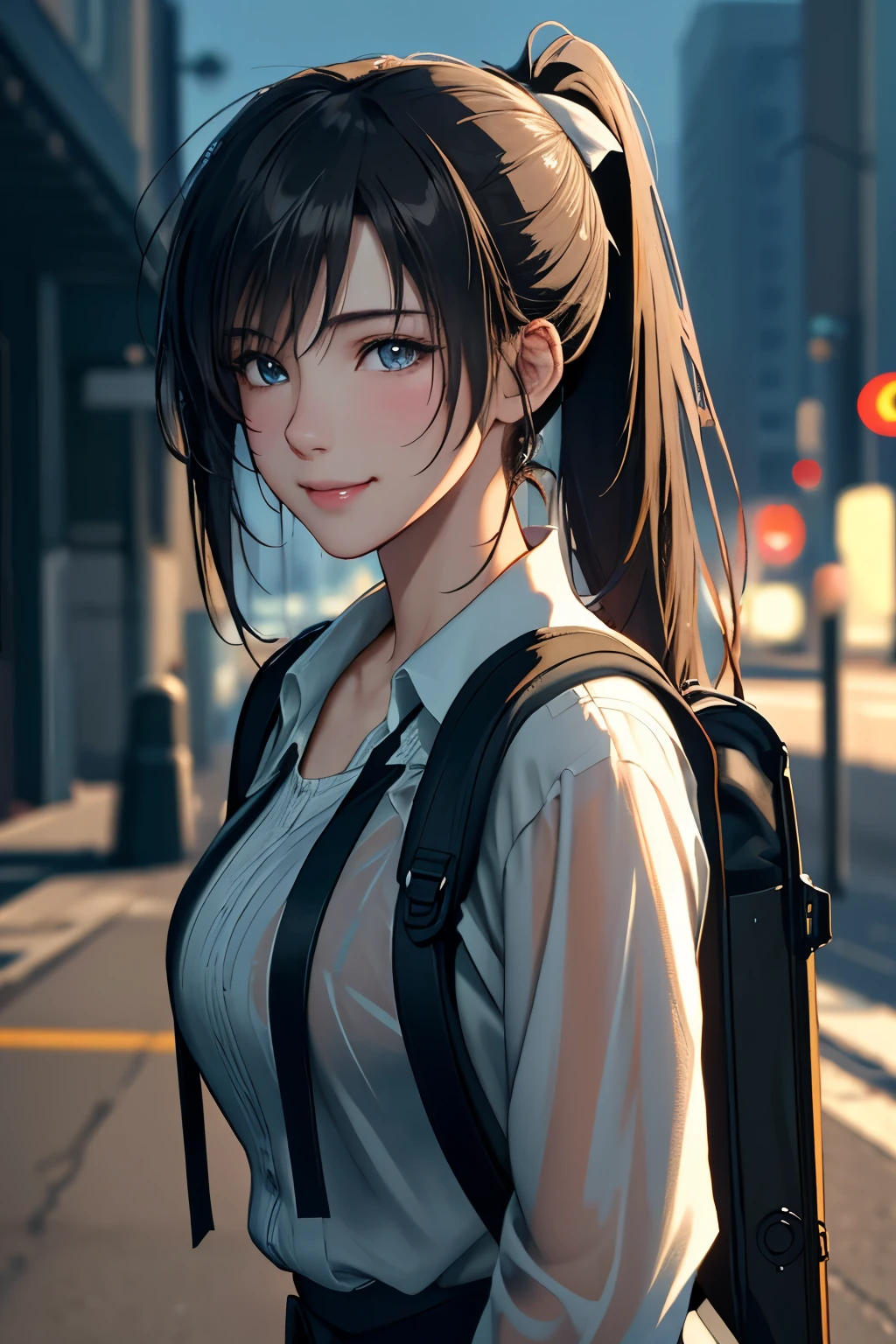 fashion style, masterpiece, best quality, 8k, artstation, sharp focus, (ultrarealistic:1.5), (high details:1.4), raw photo of a young woman, street smiling, backpack, ponytails, faded, complex stuff around, intricate background, soaking wet, (Cinematic:1.4),