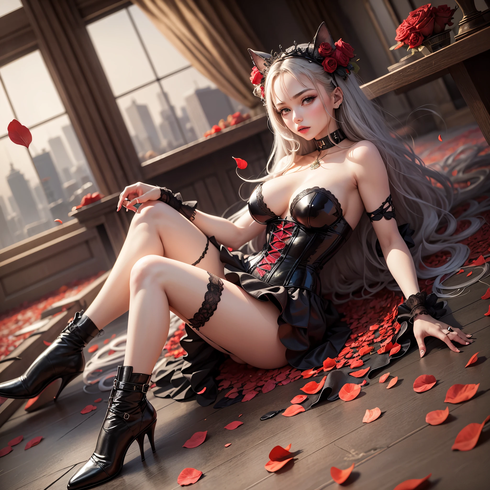 A beautiful woman in a red and black corset lying on a bed of red rose petals. She is wearing a long red skirt and black high heels. --auto --s2