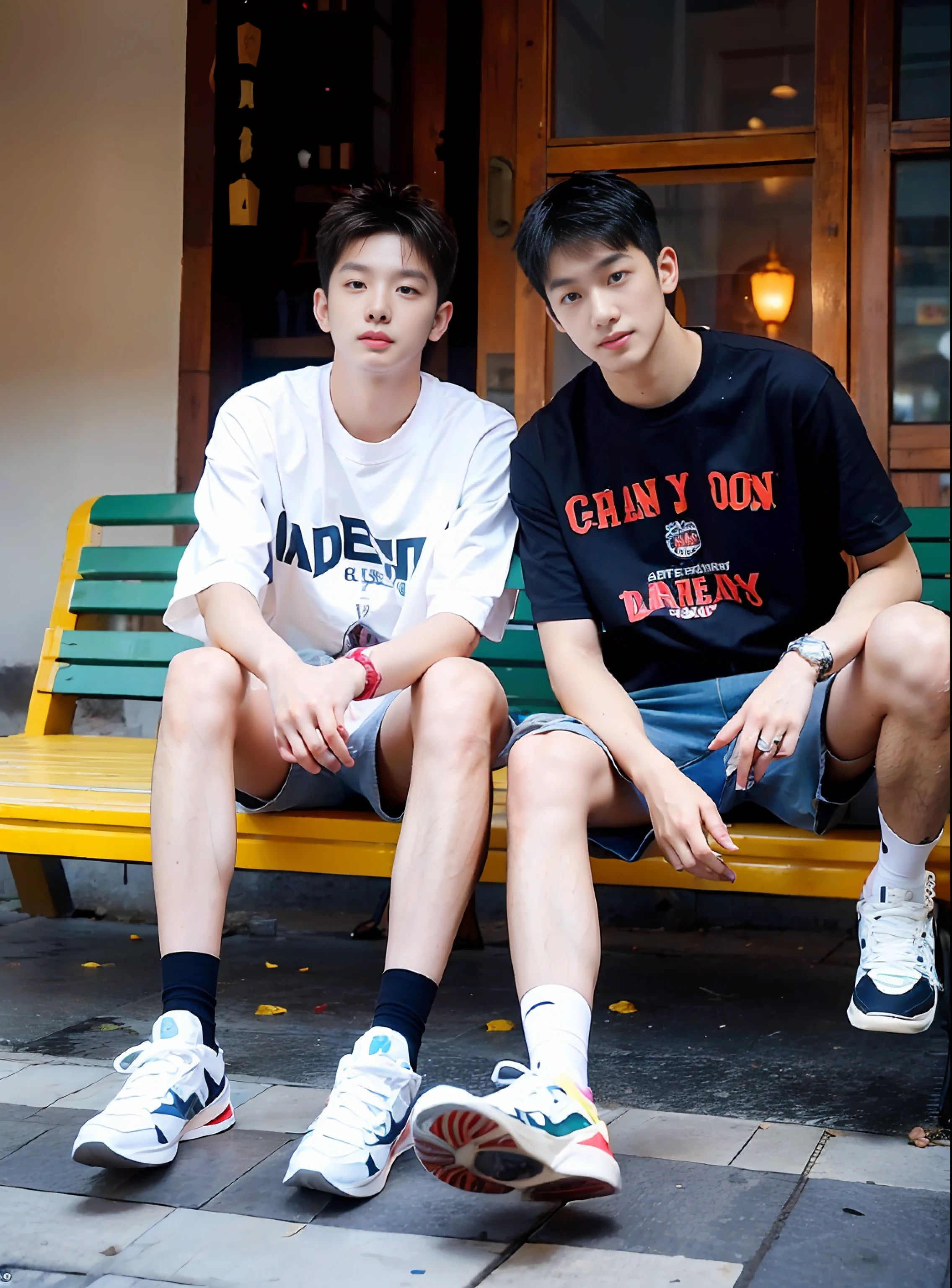 (Chinese Handsome Guy: 1.5), two men lying on their stomachs in square feeding pigeons, realistic details, realistic photos, textured skin, looking into the camera, 18 years old boy, studio, danshi koukousei, model, long legs