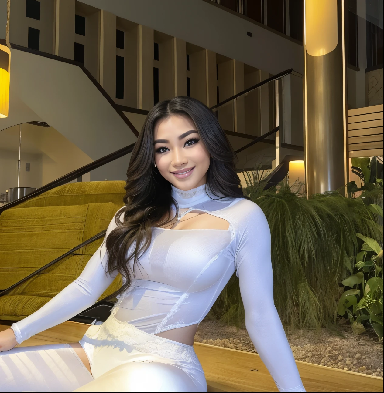 Young Thai woman, Fit physique, fitness physique, wearing sexy black lingerie sitting on the couch with legs open, corps sexy, (8k), (Best quality), (Masterpiece:1.3), (Realstic), (photoreallistic:1.34), Ultra-detailed, [beautiful detailed  eyes], (sourire), (sourire), (beautiful nose detailed), [very long blonde hair], (haut court), lingerie noire, (superbes seins taille normale), (gros plan), profondeur de champ, full body view, sitting on sofa, legs spread, showing crotch, pieds en l'air