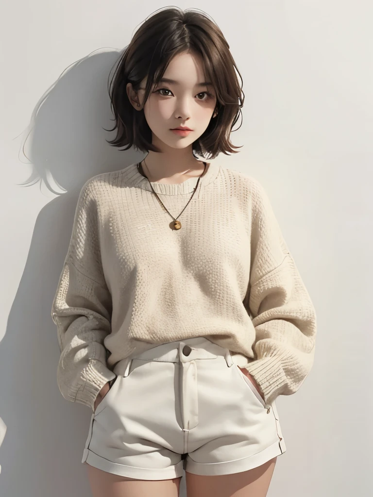 a young woman wearing a beige sweater and white shorts. She is standing near a white wall and has a confident expression on her face.