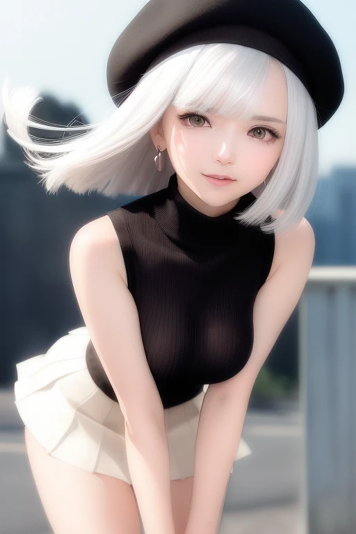 (flowy haircut) , ((Bob haircut with over the shoulder and side swept brow length bangs)) , (((white hair))), ((retrowave background)), (center spotlight from behind subject) ,solo girl, ultra detailed, young Japanese woman , wearing simple pearl earrings and heart shaped necklace, beautiful face, ((( sleeveless turtleneck sweater))) , (((medium length pleated skirt))) , ((hair flowing beautifully in the wind)) , perfect smooth legs, (( short red finger nail polish)), (laced up boots) , (perfect eyes) , (firm large sized breasts) , correct anatomy, tony taka art style, ((elegant fashion portrait)) , ((cinematic depth of field)), bokeh particles, (((crossed arms))) , (cute smile with closed mouth), wearing a cute beret with a cute bow, round filled lips , (ultra wide angle fov), (straight back posture), (legs together)