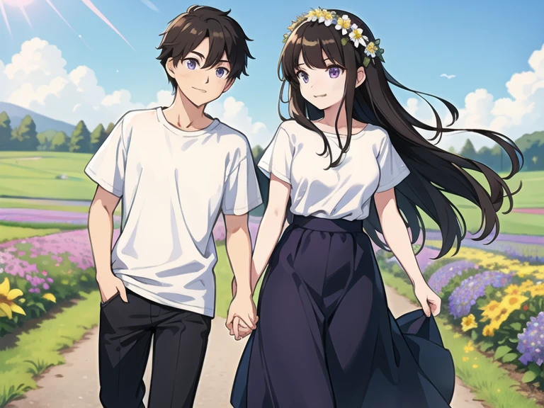 Masterpiece, best quality, 1boy, 1girl, boy has short black hair and green eyes, girl has long brown hair and purple eyes, boy wear white tshirt and black pants, girl wear blue long skirt, in the flower field, Summer, walking, holding hands, blushed faces, sunny day, smile