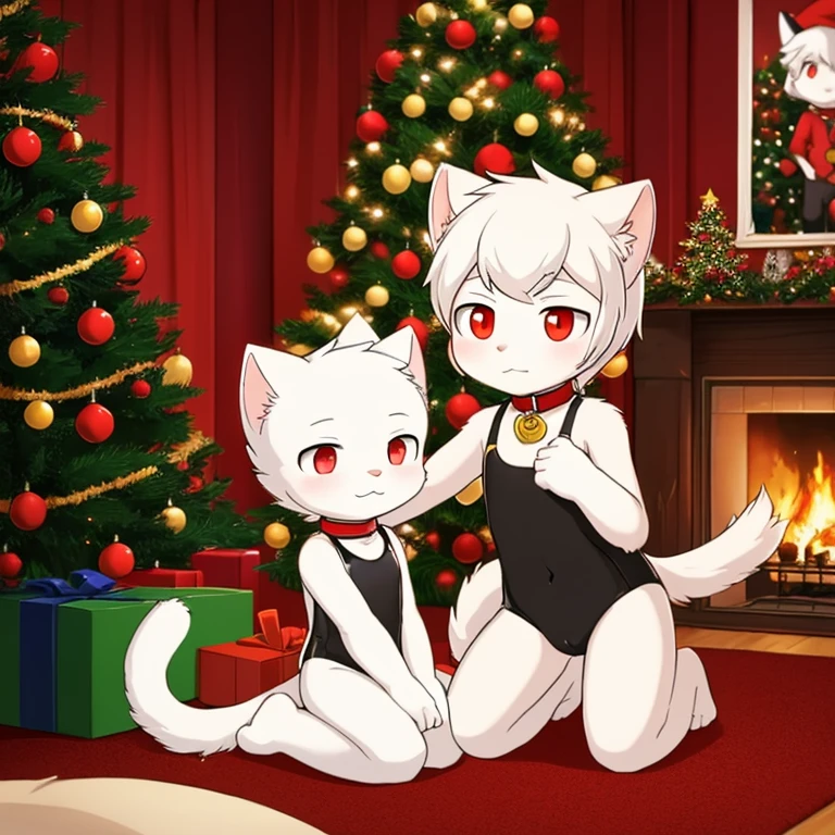 A male white cat cub wearing a maid outfit，The tail is in the right place，red pupils，Collar，christmas，nigth，Christmas tree，inside in room，short detailed hair，Kneeling