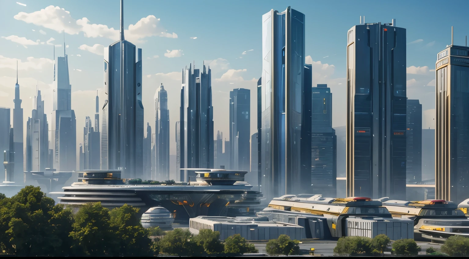 On an unknown planet lies a futuristic fantasy city with huge buildings of technological design (die eine unendliche Allee bilden), con estructuras acristaladas en plata, Gold- und Bronze-Spektakel, (con colores vivos). ENSOLADO Bodenbelag (Glanzlos). Menschen, die herumlaufen. (similar to Coruscant from Star Wars). Clearly defined image with many buildings together. imagen nitida bien definida 8K. The buildings rise high in the background.,8K.