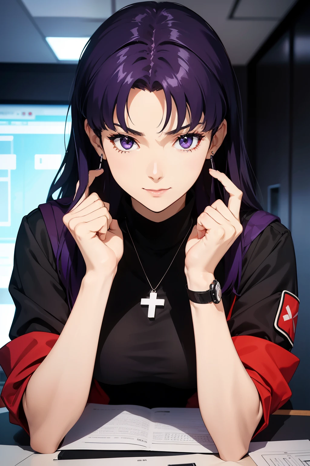 1womanl, attire: Black Bodycon,middlebreast、 short black tight dress, Black eyes, Purple hair, Medium Hair, a smile, cross necklace, tall, Slim body,  (nffsw), (((Misato katsuragi))),  NERV、Operation control room, (((Front view))), Looking at Viewer,  Perfectly detailed face, fully detailed hands and fingers, Masterpiece 1.1, Trending on ArtStation, pixiv quality, (((fine art:chin))), Intricately detailed, ultra graphics, SFW version, (((Mature 1.1))), attire: jacker, Red jacket, Symmetrical face、