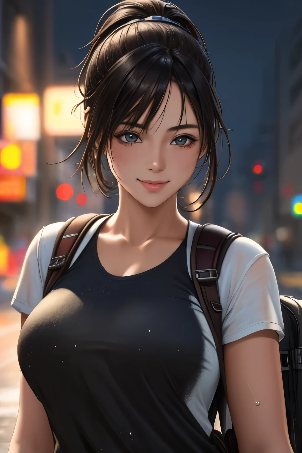 fashion style, masterpiece, best quality, 8k, artstation, sharp focus, (ultrarealistic:1.5), (high details:1.4), raw photo of a young woman, street smiling, backpack, ponytails, faded, complex stuff around, intricate background, soaking wet, (Cinematic:1.4),