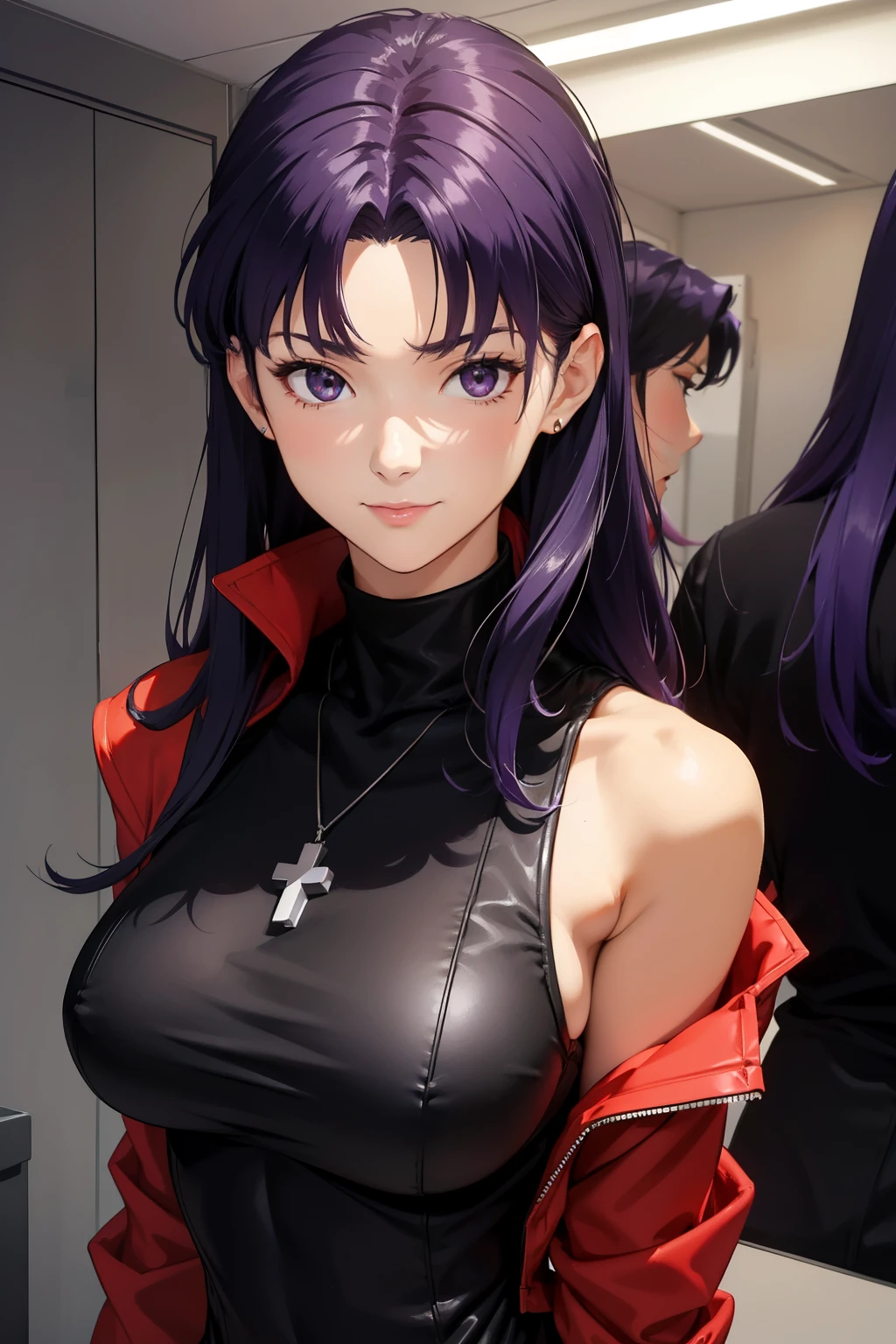 1womanl, attire: Black Bodycon,middlebreast、 short black tight dress, Black eyes, Purple hair, Medium Hair, a smile, cross necklace, tall, Slim body,  (nffsw), (((Misato katsuragi))),  NERV、Operation control room, (((Front view))), Looking at Viewer,  Perfectly detailed face, fully detailed hands and fingers, Masterpiece 1.1, Trending on ArtStation, pixiv quality, (((fine art:chin))), Intricately detailed, ultra graphics, SFW version, (((Mature 1.1))), attire: jacker, Red jacket, Symmetrical face、