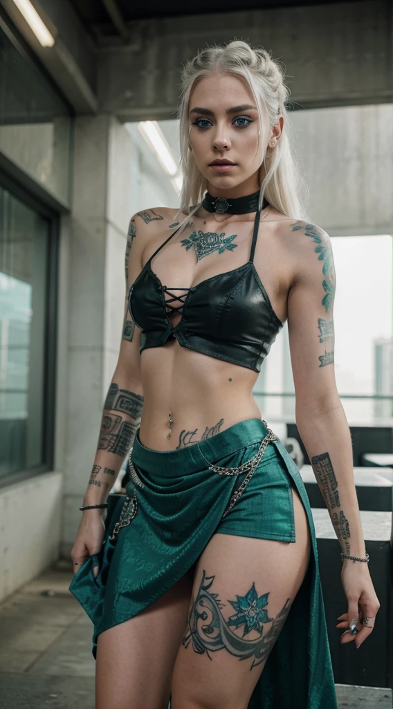 Elsa ( frozen ) with tattoos, Photorealistic,Photo of elsa as a girl characterized by her striking Platinum blonde hair, blue eyes, intricately adorned with a frozen collection of tattoos that reflect her connection to the raw and powerful world of metalcore. Explore her distinct fashion choices and how her tattoos contribute to her overall rebellious and fearless aura. Dive deep into the details to bring this edgy, metalcore-inspired character to life, she is wearing green skirt and green crop top