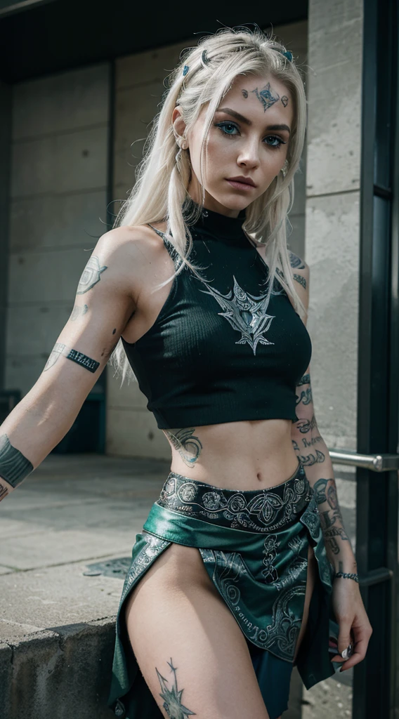 Elsa ( frozen ) with tattoos, Photorealistic,Photo of elsa as a girl characterized by her striking Platinum blonde hair, blue eyes, intricately adorned with a frozen collection of tattoos that reflect her connection to the raw and powerful world of metalcore. Explore her distinct fashion choices and how her tattoos contribute to her overall rebellious and fearless aura. Dive deep into the details to bring this edgy, metalcore-inspired character to life, she is wearing green skirt and green crop top