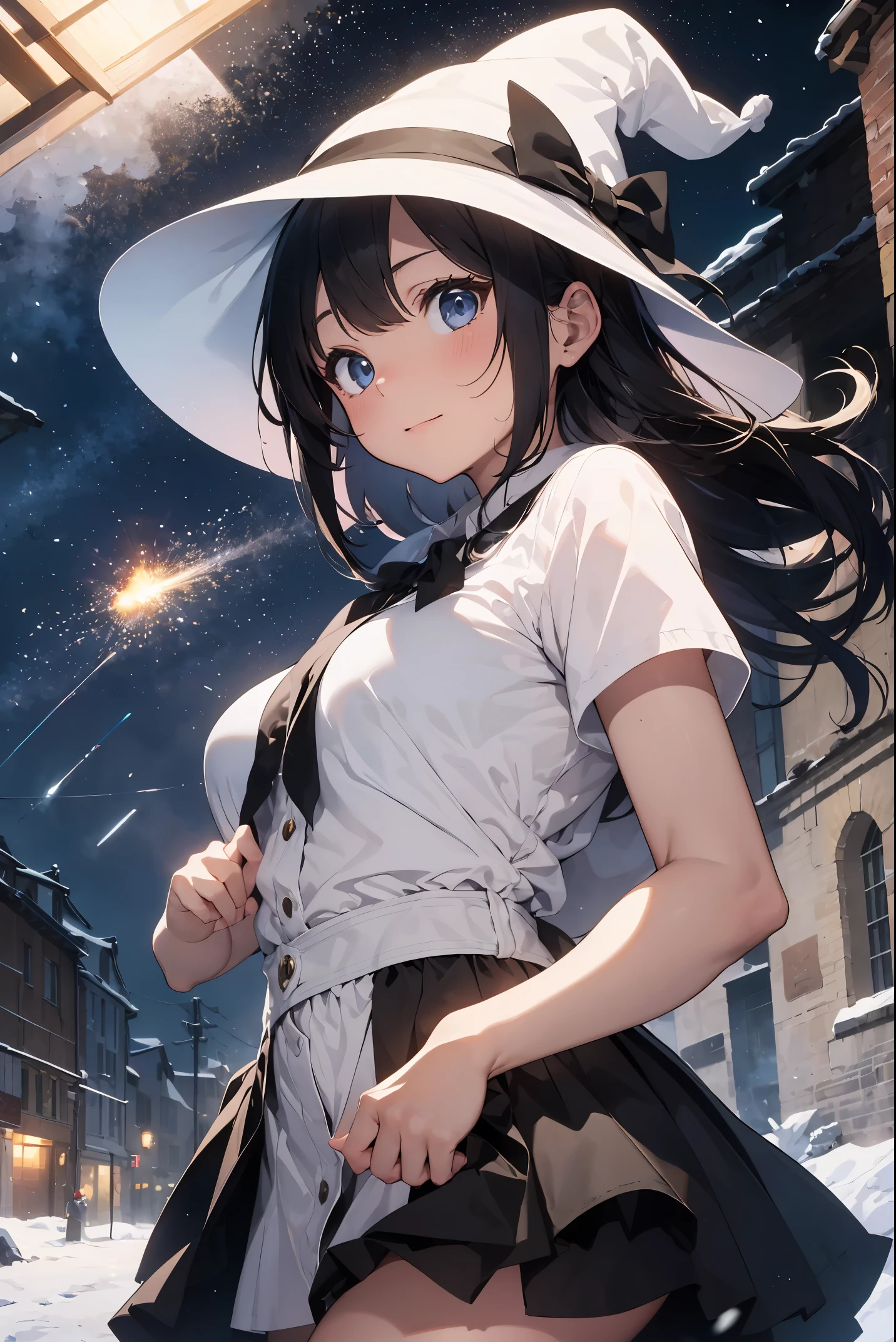 absurdres, absolutely resolution, incredibly absurdres, highres, ultra detailed, official art, unity 8k wallpaper
BREAK
1 girl, soro, neat, classy, beautiful girl, decent,
BREAK
"On a white Christmas night, a female witch with short silvery-white bobbed hair stands in front of Our Lady of the Cathedral as snow falls silently. Her large blue eyes sparkle mysteriously, and a light smile is on her face. Her witch dress is black with red accents, and she wears red boots and a black hat adorned with a red ribbon. Behind the cathedral, illuminated lights sparkle, harmonizing with the pure white snow to create a warm scene.
BREAK
The woman's palm gently captures a cluster of fluorescent particles dancing around her, from which delicate bubbles are formed and float in the air. The bubbles emit a fantastic light and sparkle as if they are magic bubbles. The spires of the cathedral are illuminated by the moonlight, their majestic silhouettes glowing in the night sky.
BREAK
This illustration represents a miraculous moment of a white Christmas, where mystery and warmth intersect."
BREAK
This prompt is intended to produce an illustration that is magical, warm, and evocative of a white Christmas.