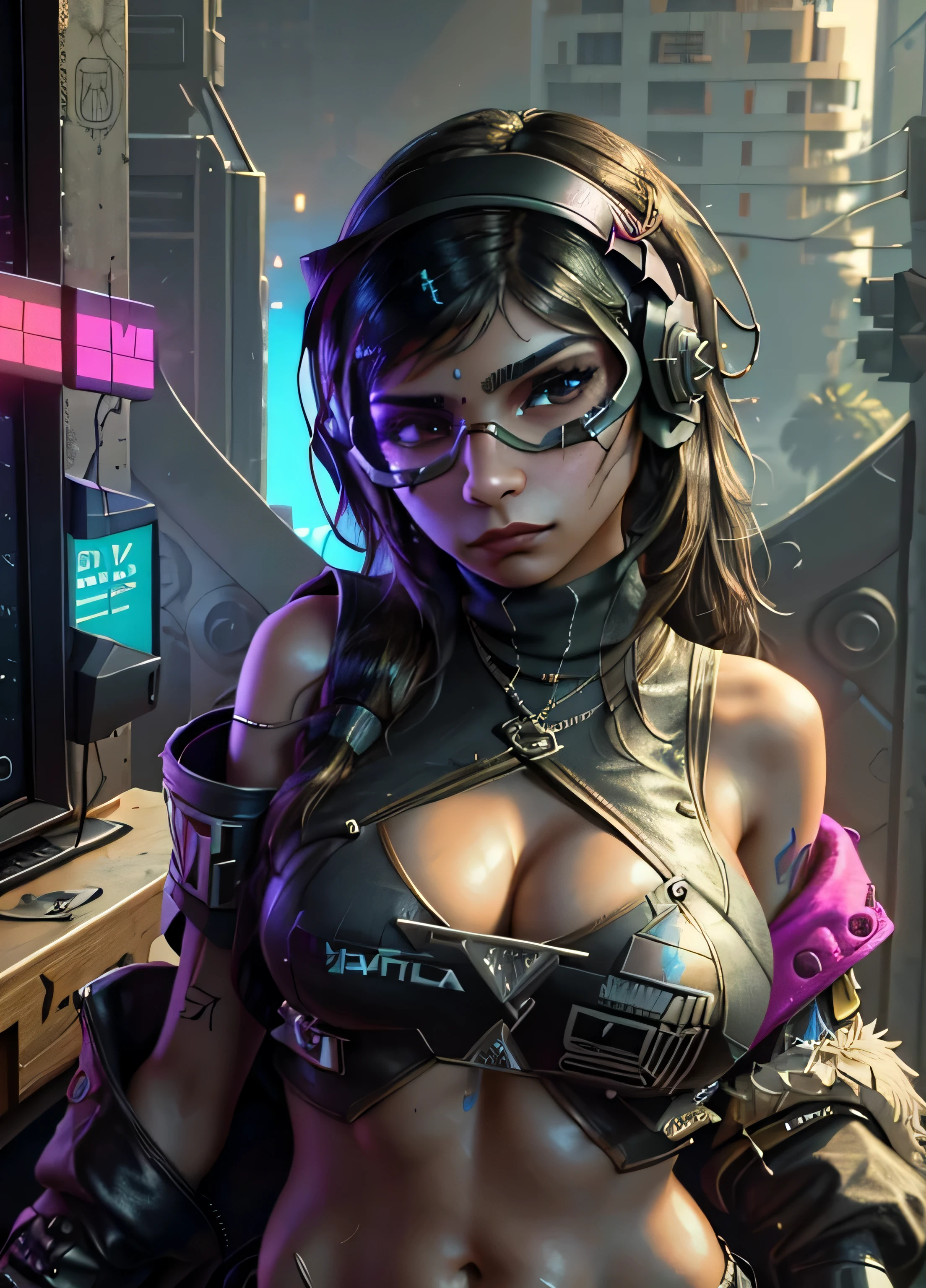 mia khalifa ,((Best quality)), ((masterpiece)), (highly detailed:1.3), 3D, beautiful cyberpunk woman,(wearing head-mounted display that is chunky and hi-tech:1.2), playing x box game, gta v, fortnite