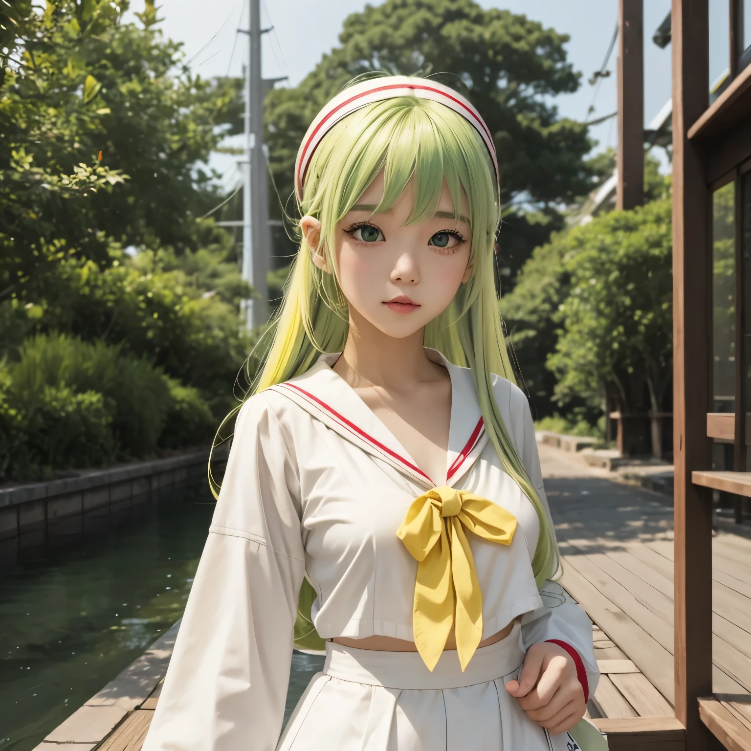 a beauty girl、white yellow green hair、Long、bustEcups、Cute、simple red headband for hair、Clothes are sailor suits